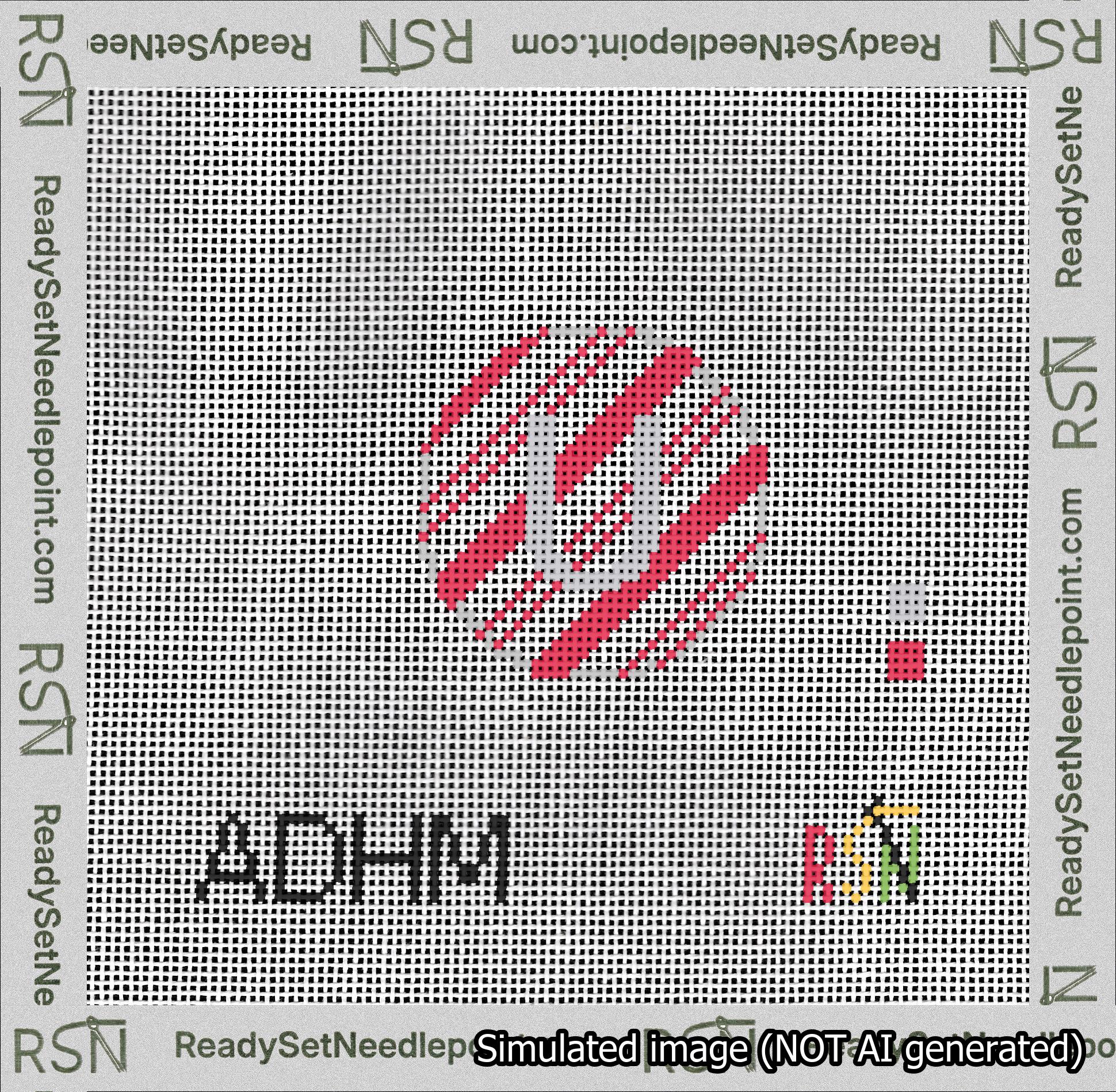 A taped needlepoint canvas with the design: Holiday Circle Initial U Font Silver Sans Serif Background Candy Cane Stripe.