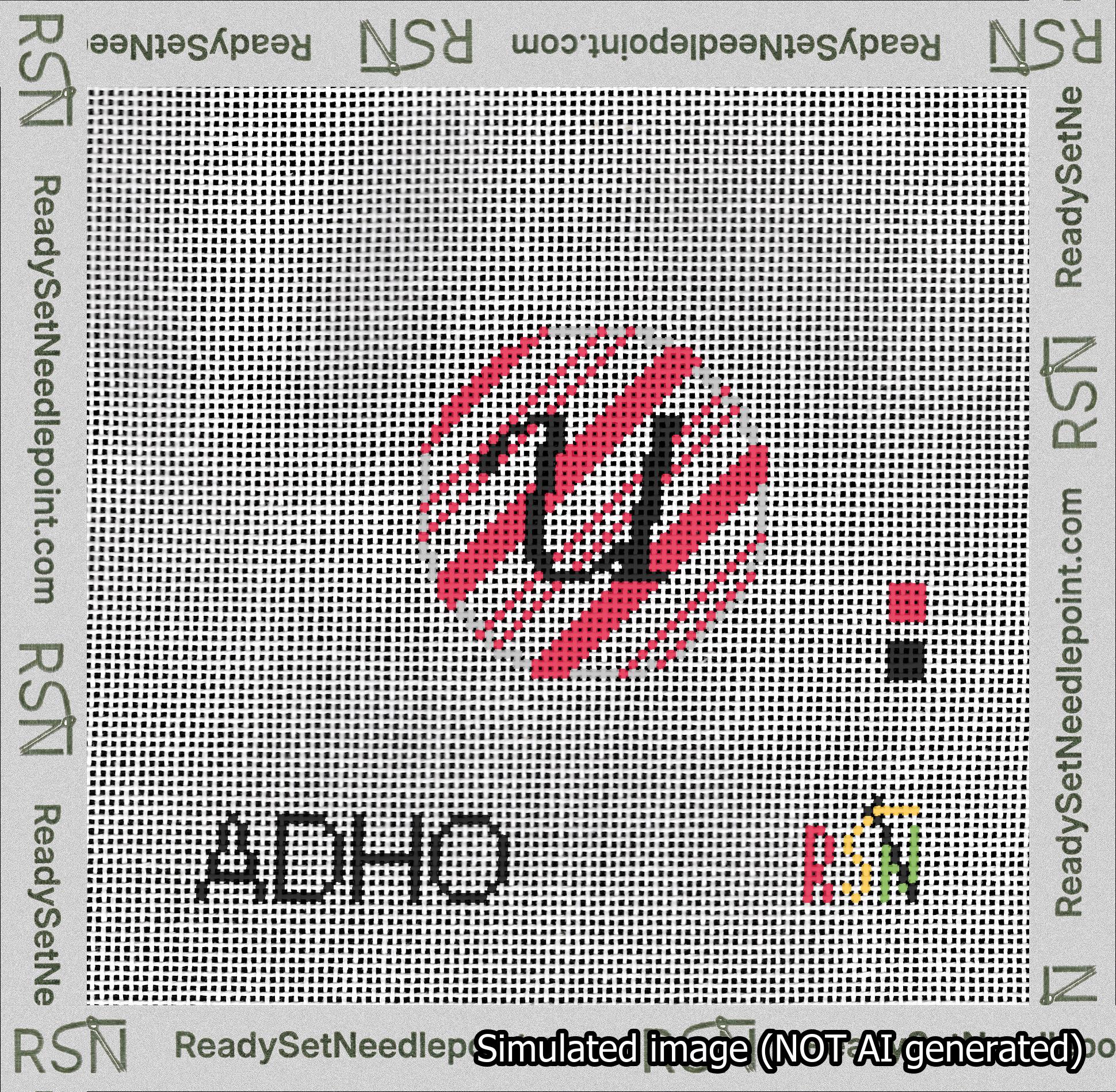 A taped needlepoint canvas with the design: Holiday Circle Initial U Font Black Script Background Candy Cane Stripe.