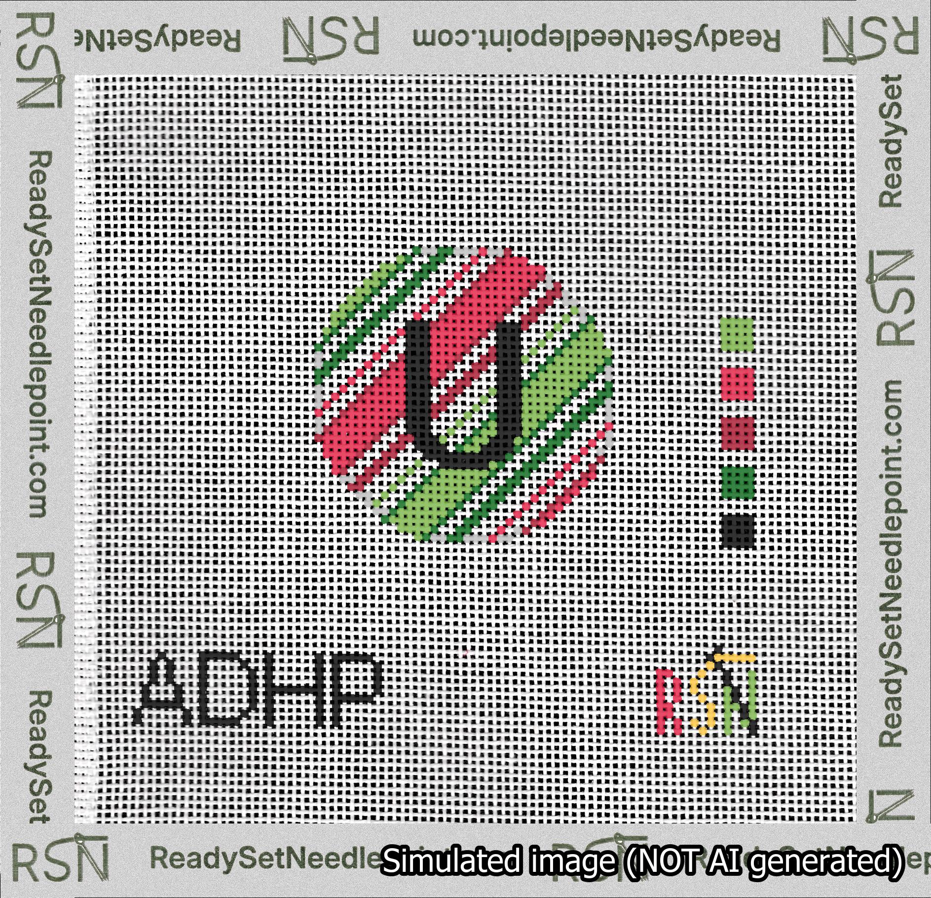 A taped needlepoint canvas with the design: Holiday Circle Initial U Font Black Sans Serif Background Christmas Stripe.