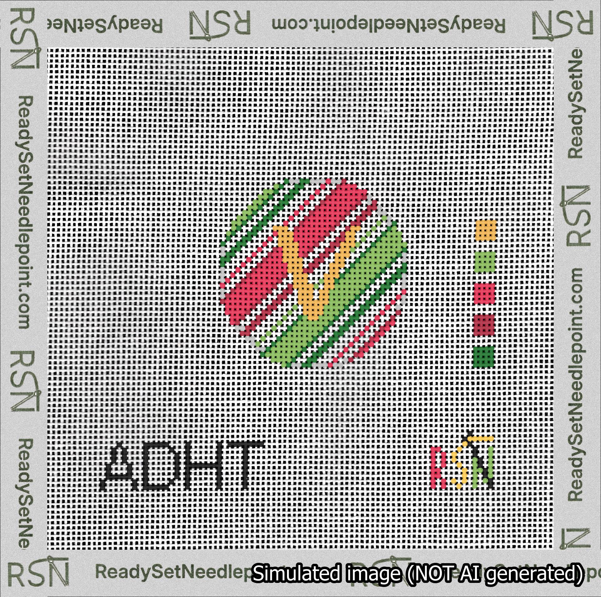 A taped needlepoint canvas with the design: Holiday Circle Initial V Font Gold Sans Serif Background Christmas Stripe.