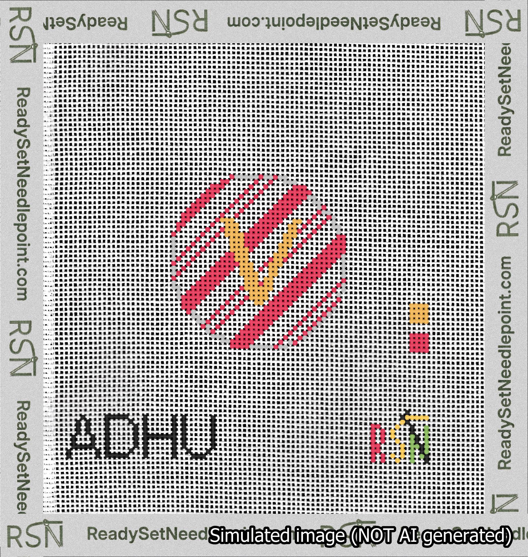 A taped needlepoint canvas with the design: Holiday Circle Initial V Font Gold Sans Serif Background Candy Cane Stripe.