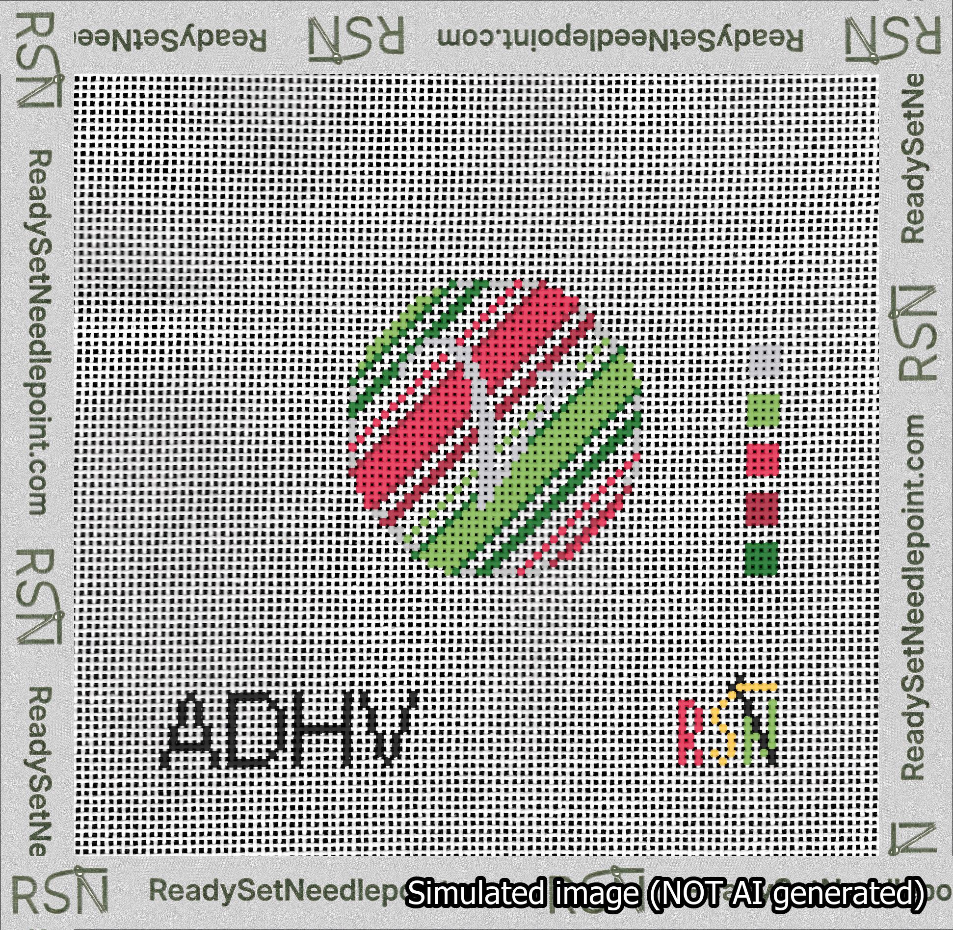 A taped needlepoint canvas with the design: Holiday Circle Initial V Font Silver Script Background Christmas Stripe.