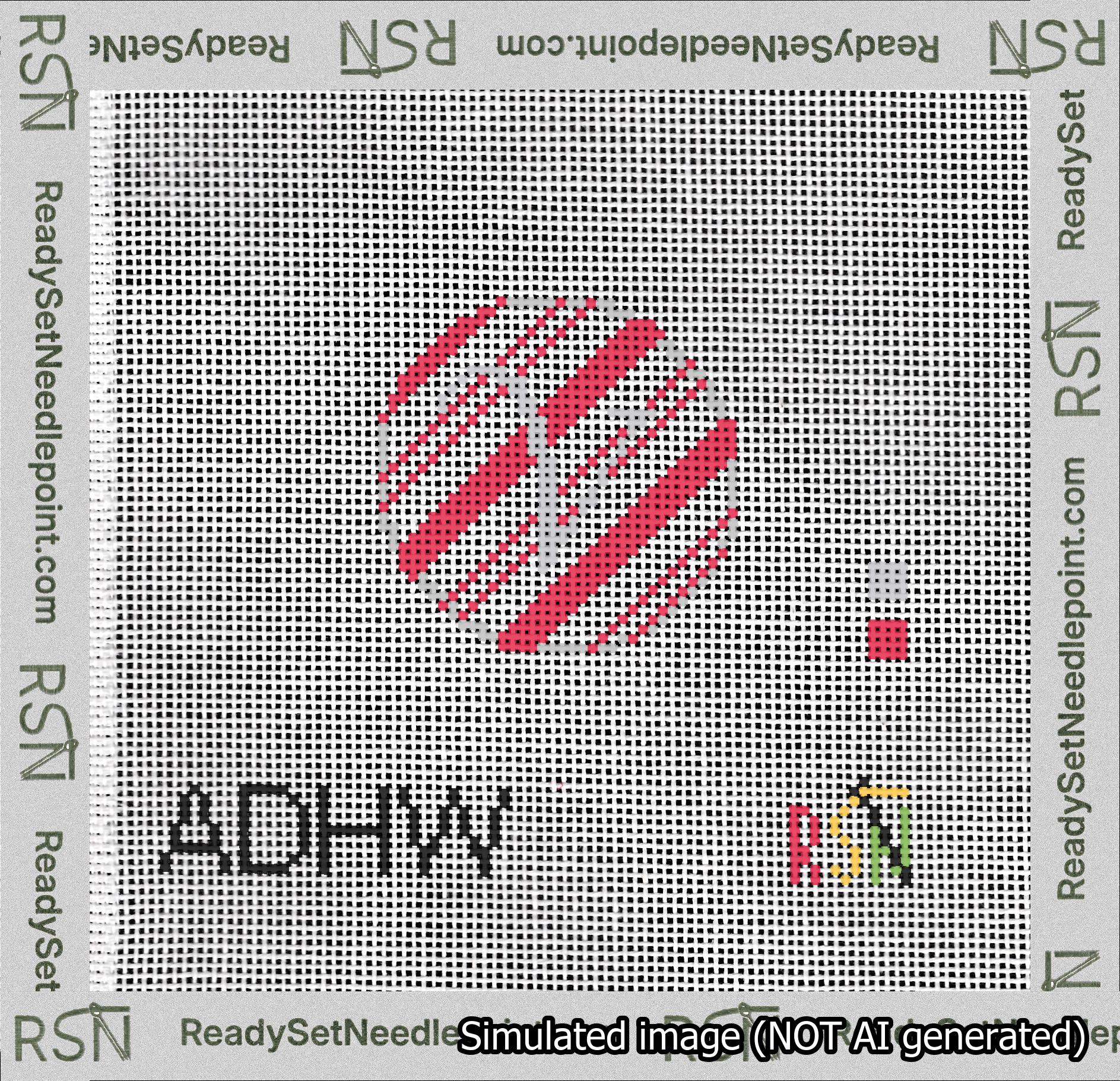 A taped needlepoint canvas with the design: Holiday Circle Initial V Font Silver Script Background Candy Cane Stripe.