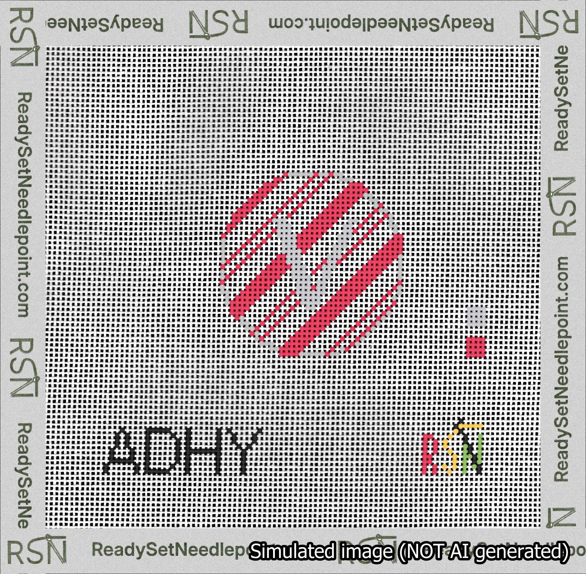 A taped needlepoint canvas with the design: Holiday Circle Initial V Font Silver Sans Serif Background Candy Cane Stripe.