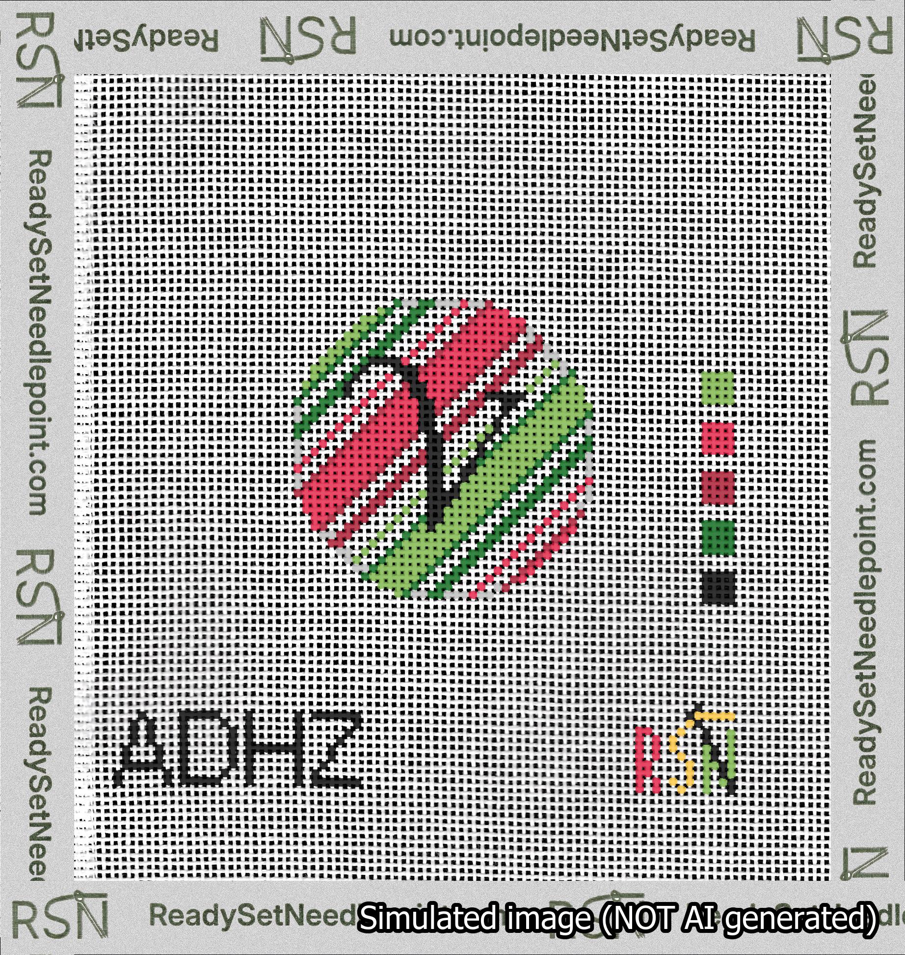 A taped needlepoint canvas with the design: Holiday Circle Initial V Font Black Script Background Christmas Stripe.