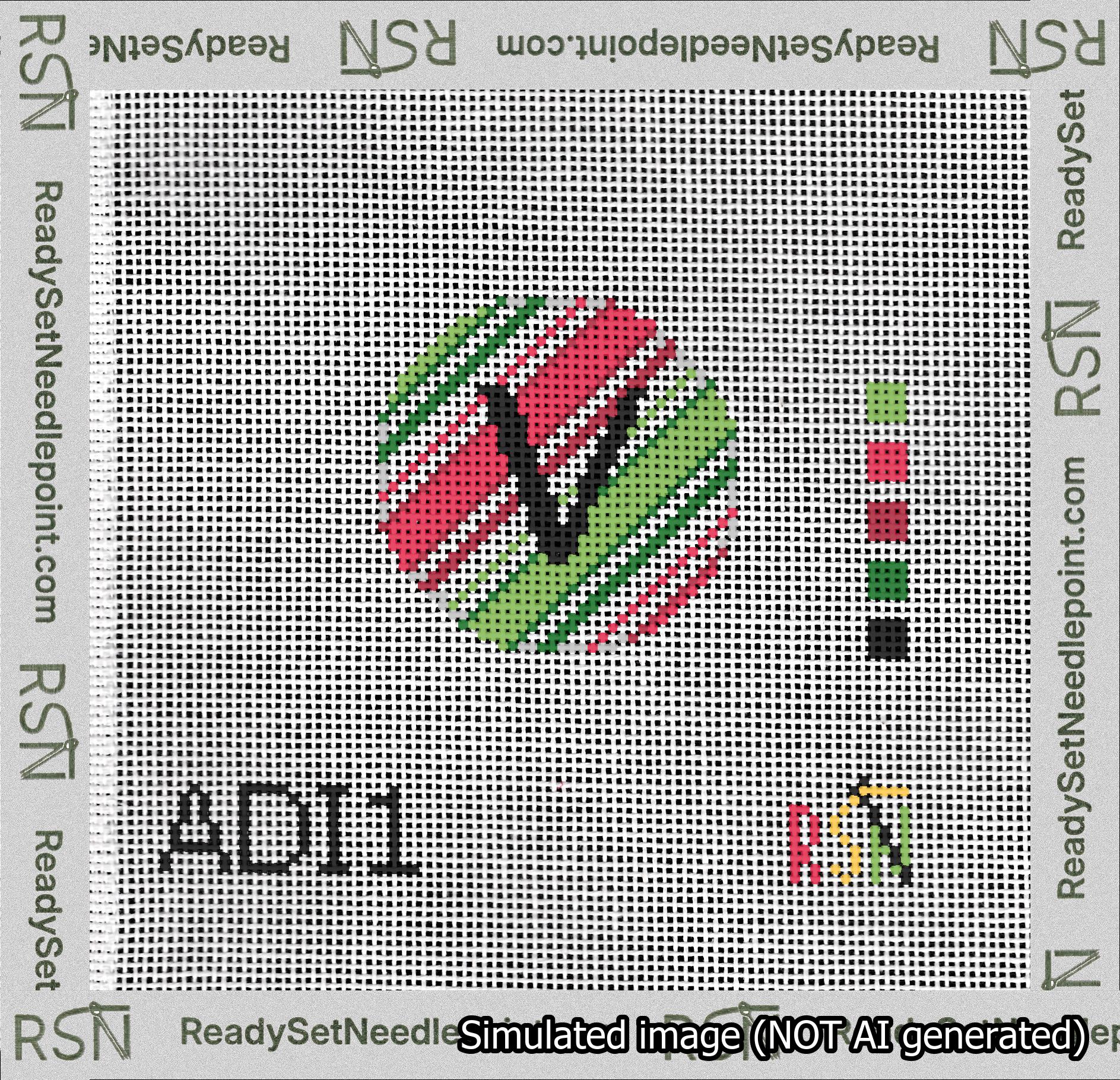 A taped needlepoint canvas with the design: Holiday Circle Initial V Font Black Sans Serif Background Christmas Stripe.