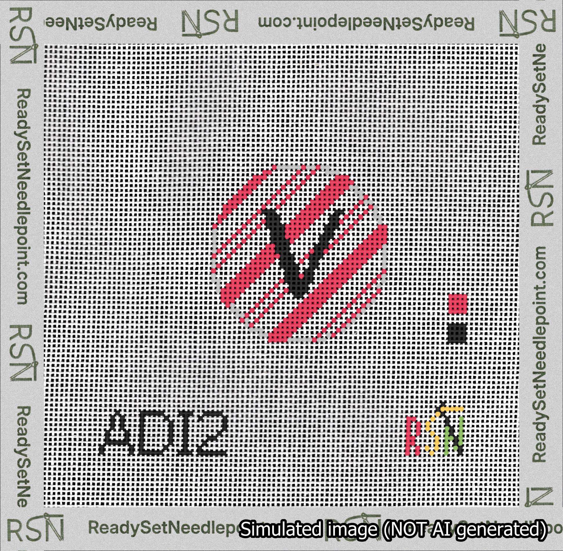 A taped needlepoint canvas with the design: Holiday Circle Initial V Font Black Sans Serif Background Candy Cane Stripe.