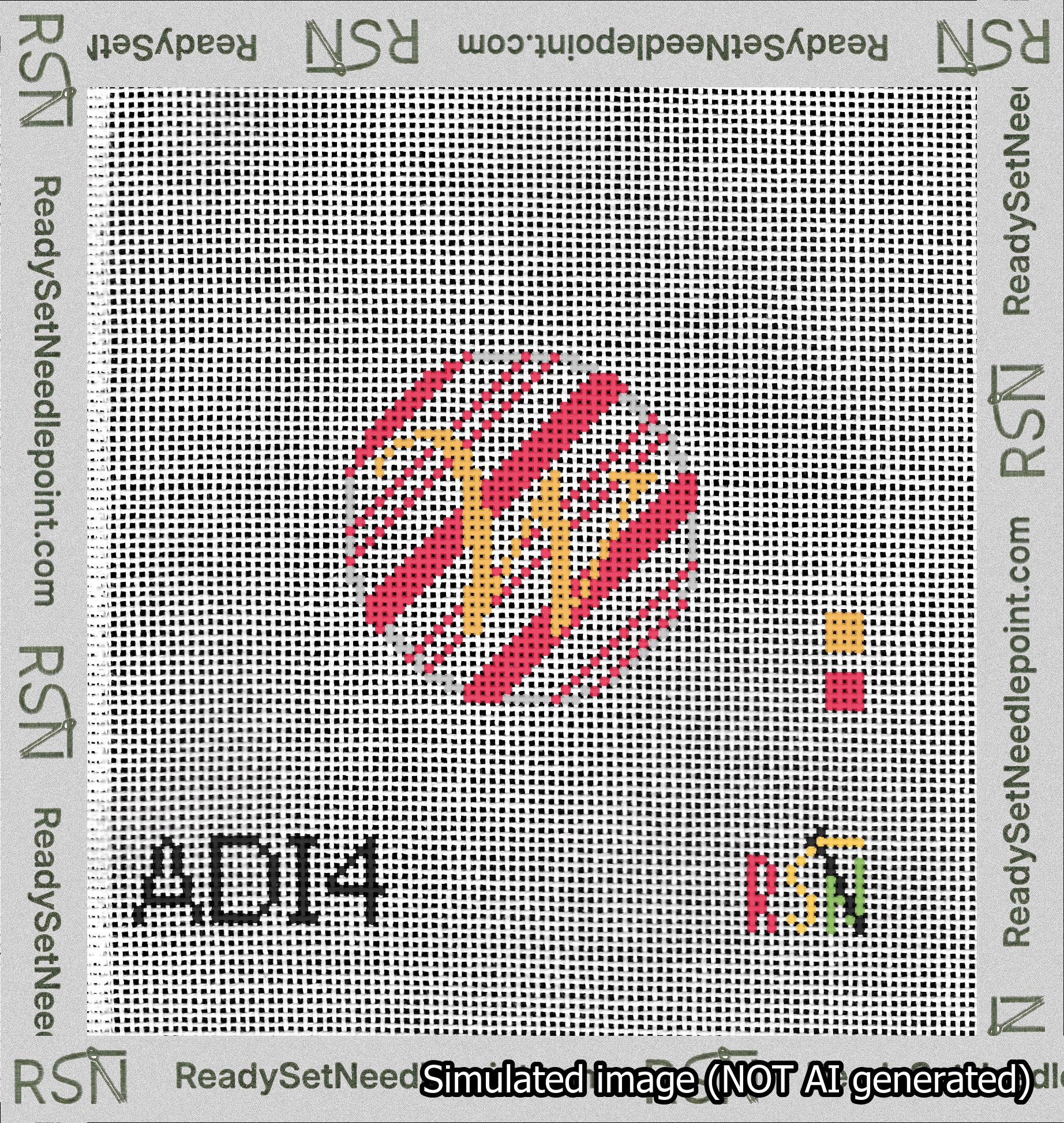 A taped needlepoint canvas with the design: Holiday Circle Initial W Font Gold Script Background Candy Cane Stripe.