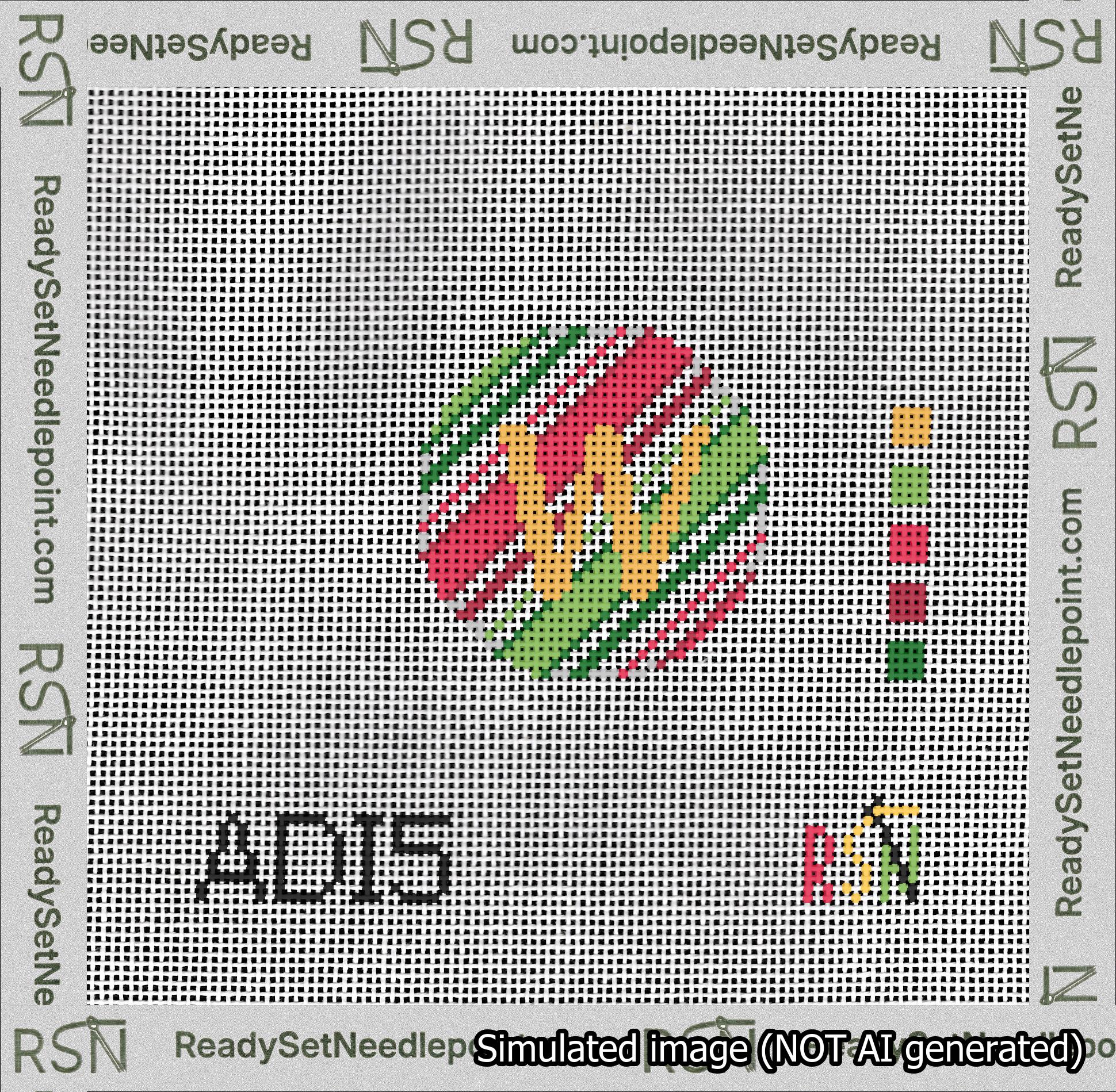 A taped needlepoint canvas with the design: Holiday Circle Initial W Font Gold Sans Serif Background Christmas Stripe.