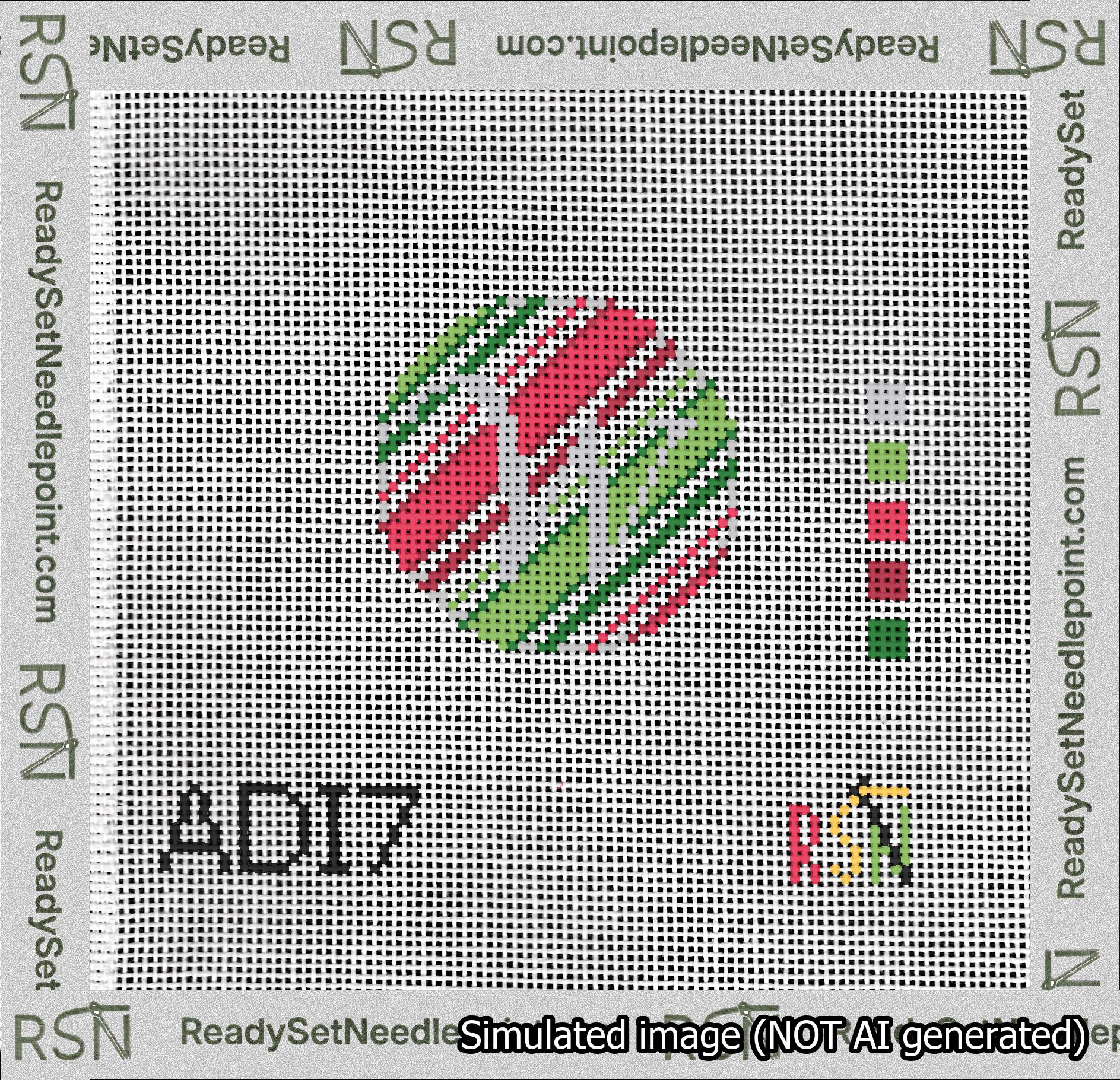 A taped needlepoint canvas with the design: Holiday Circle Initial W Font Silver Script Background Christmas Stripe.