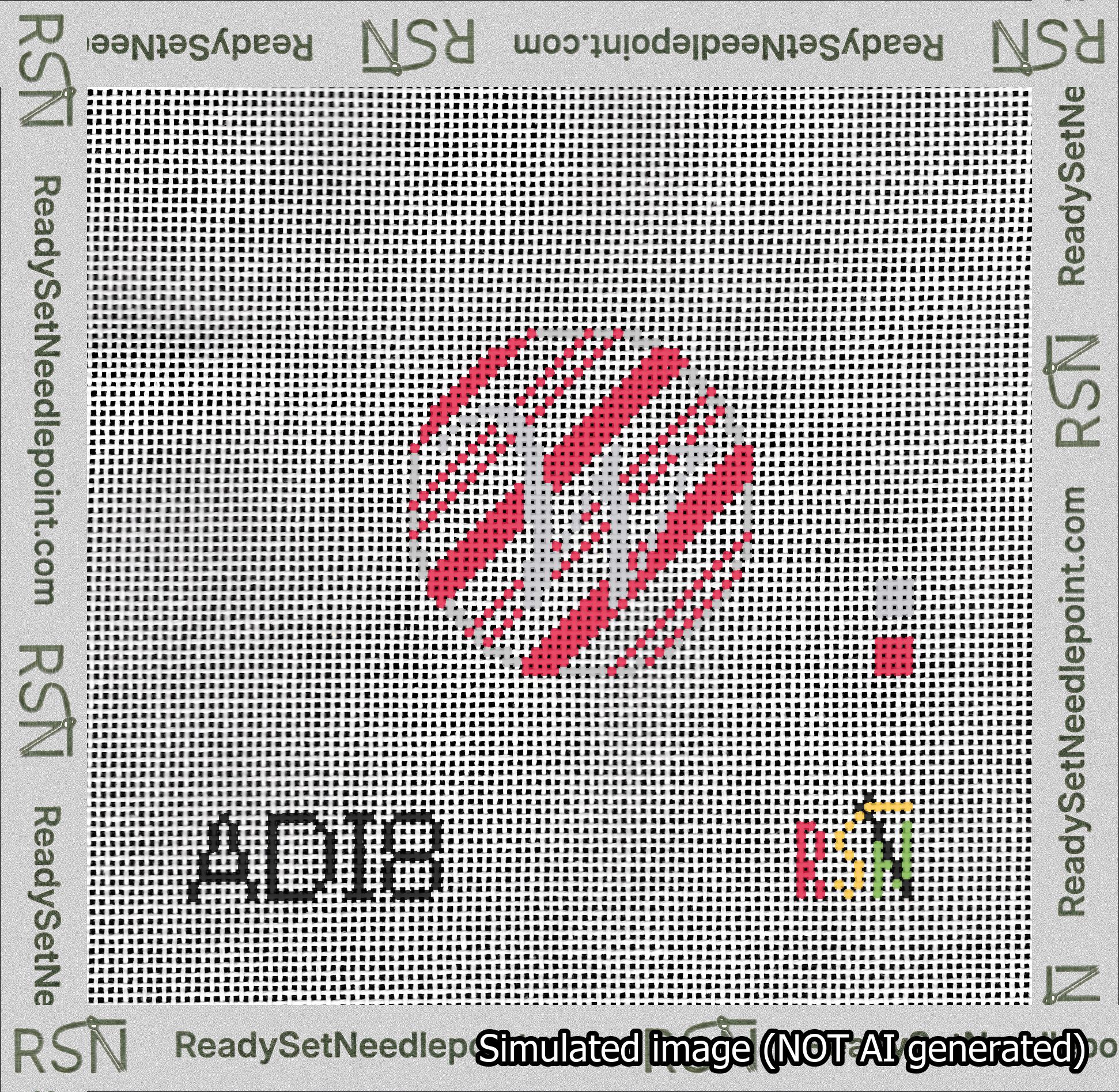 A taped needlepoint canvas with the design: Holiday Circle Initial W Font Silver Script Background Candy Cane Stripe.