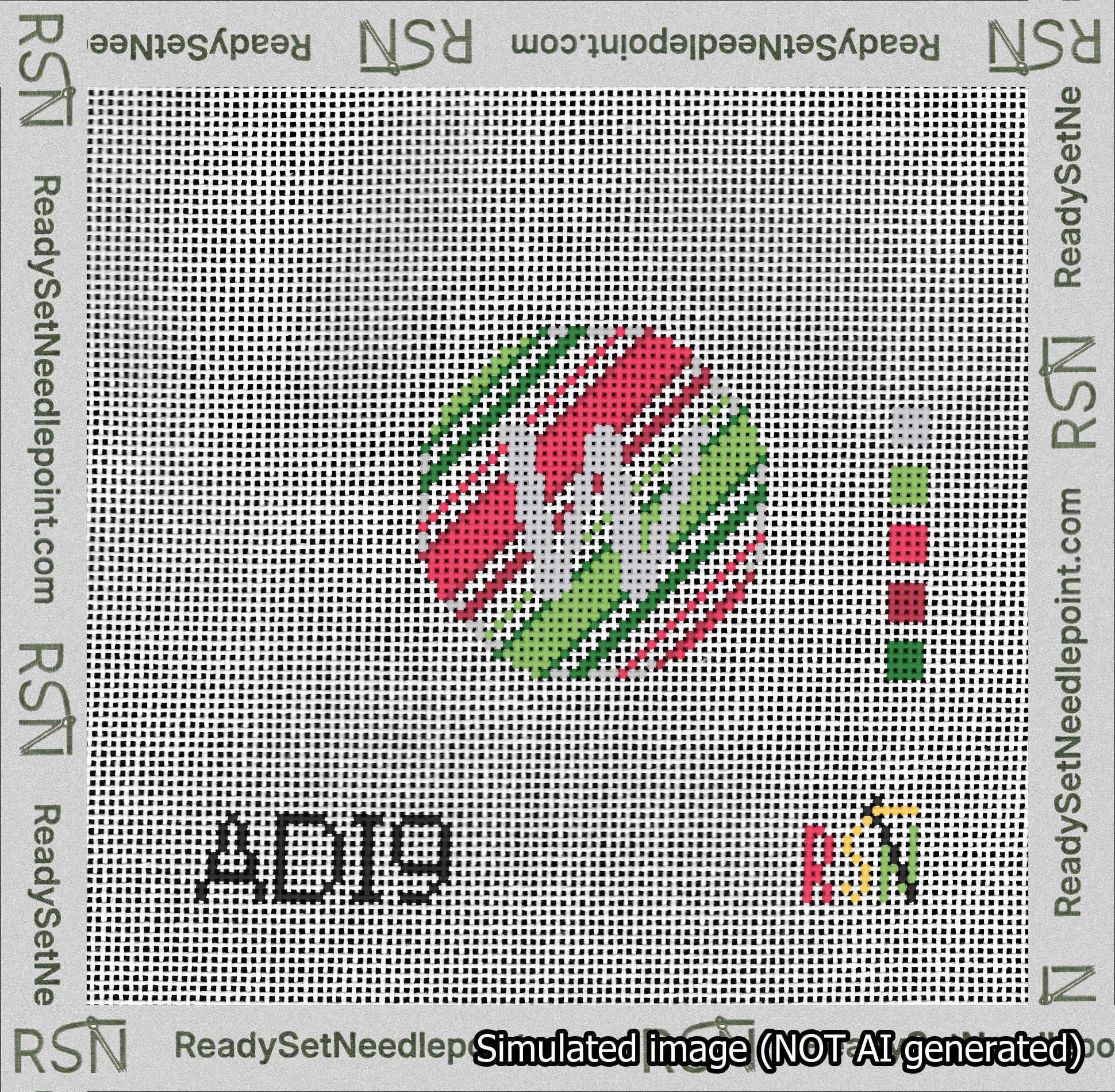 A taped needlepoint canvas with the design: Holiday Circle Initial W Font Silver Sans Serif Background Christmas Stripe.