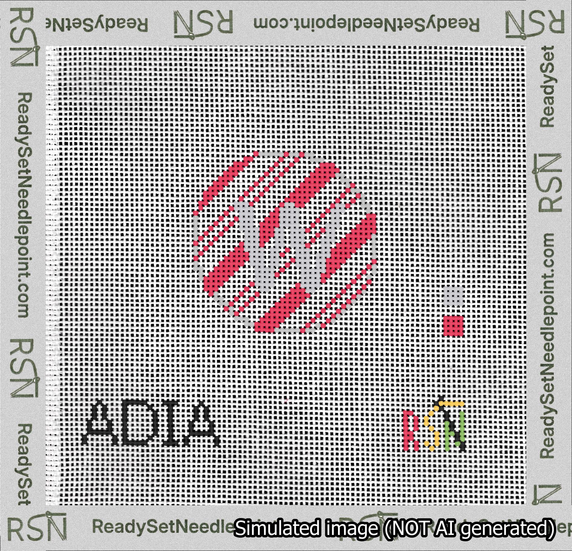 A taped needlepoint canvas with the design: Holiday Circle Initial W Font Silver Sans Serif Background Candy Cane Stripe.
