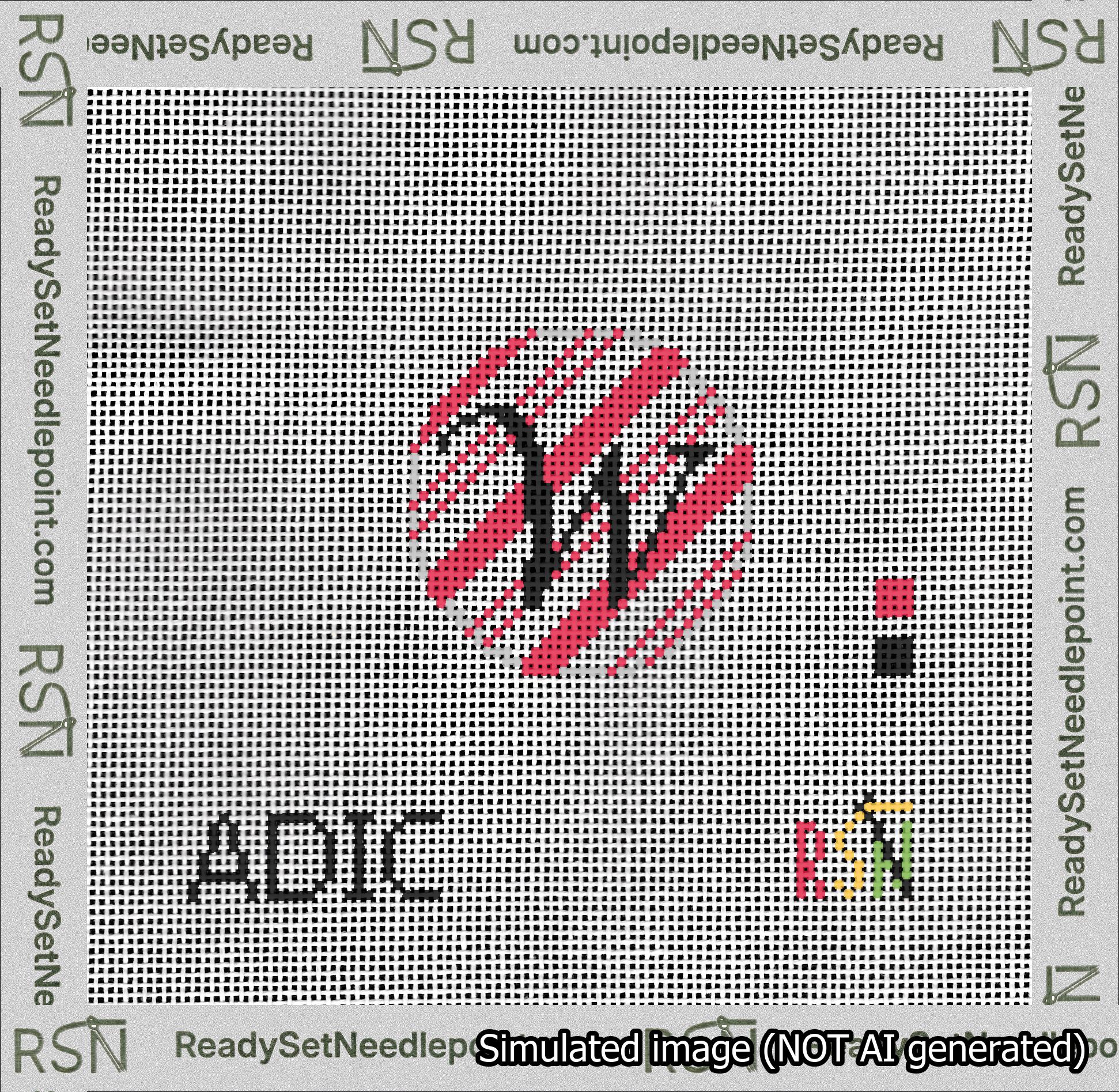 A taped needlepoint canvas with the design: Holiday Circle Initial W Font Black Script Background Candy Cane Stripe.