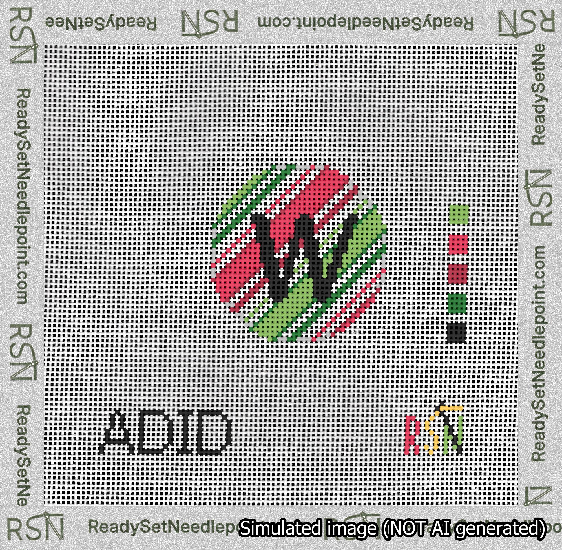 A taped needlepoint canvas with the design: Holiday Circle Initial W Font Black Sans Serif Background Christmas Stripe.