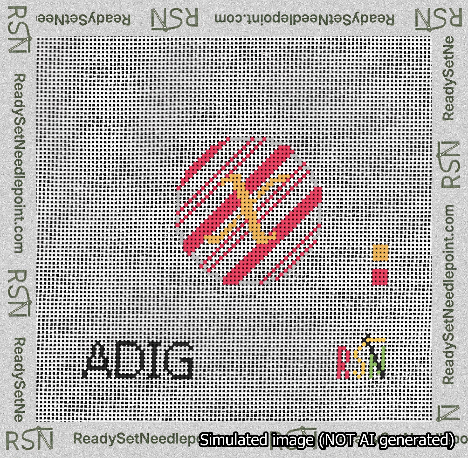 A taped needlepoint canvas with the design: Holiday Circle Initial X Font Gold Script Background Candy Cane Stripe.