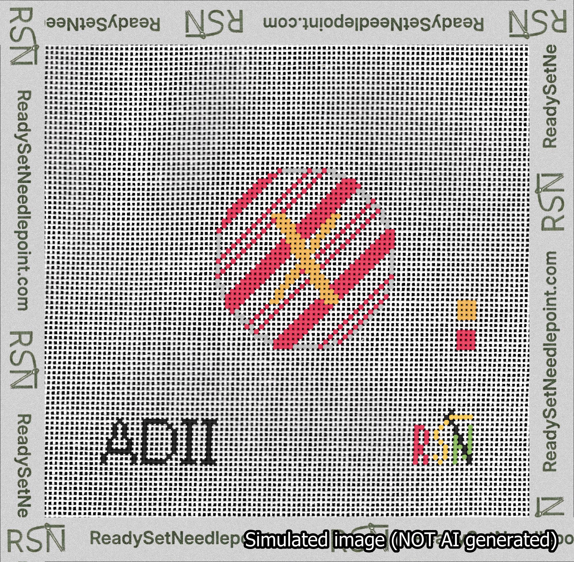 A taped needlepoint canvas with the design: Holiday Circle Initial X Font Gold Sans Serif Background Candy Cane Stripe.