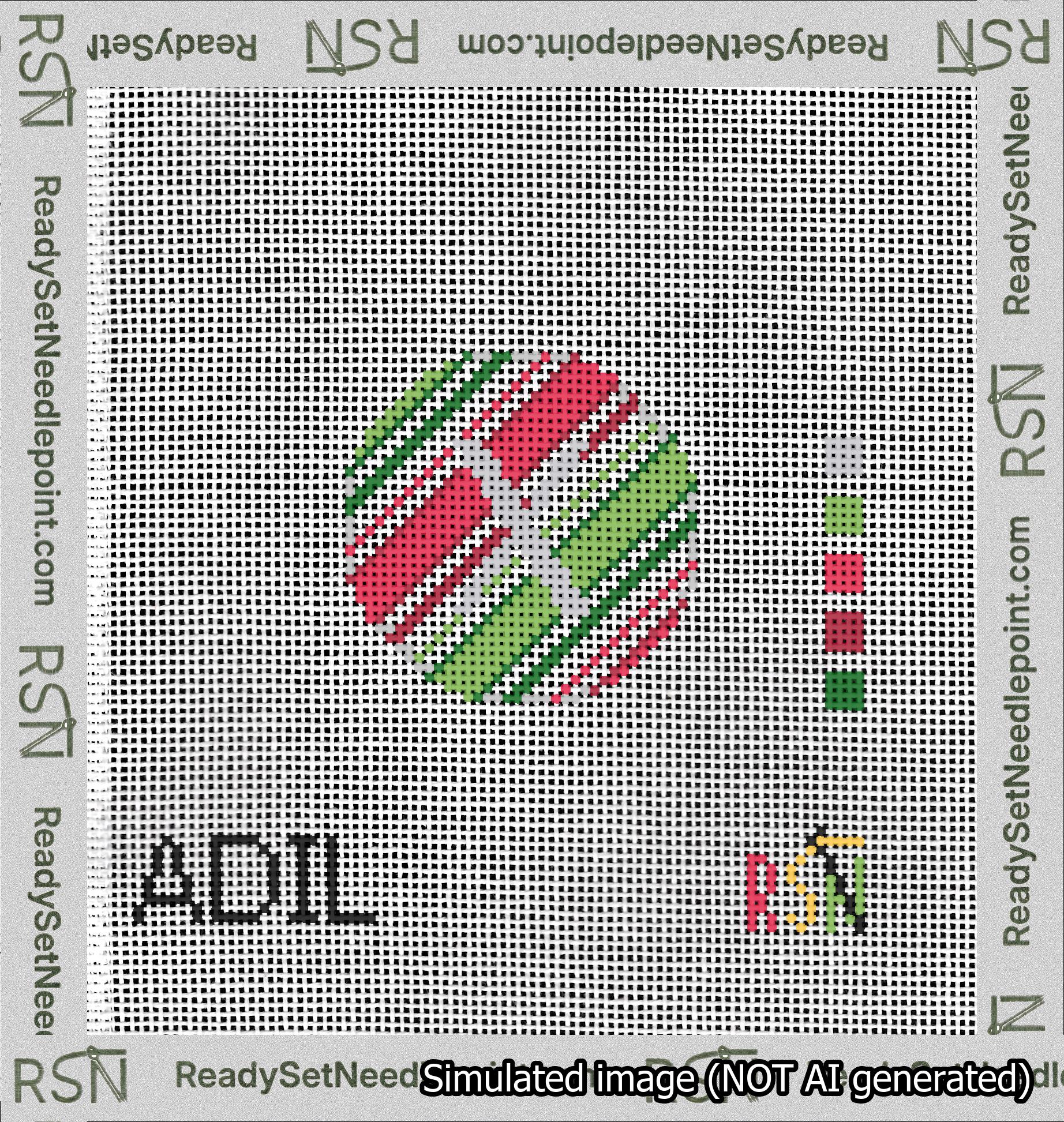 A taped needlepoint canvas with the design: Holiday Circle Initial X Font Silver Sans Serif Background Christmas Stripe.