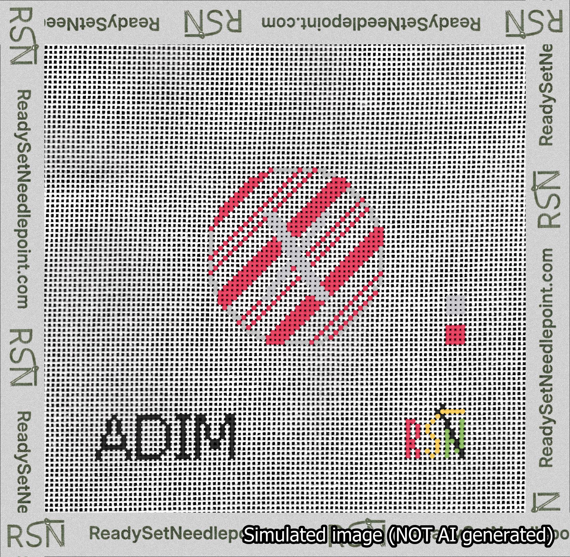 A taped needlepoint canvas with the design: Holiday Circle Initial X Font Silver Sans Serif Background Candy Cane Stripe.