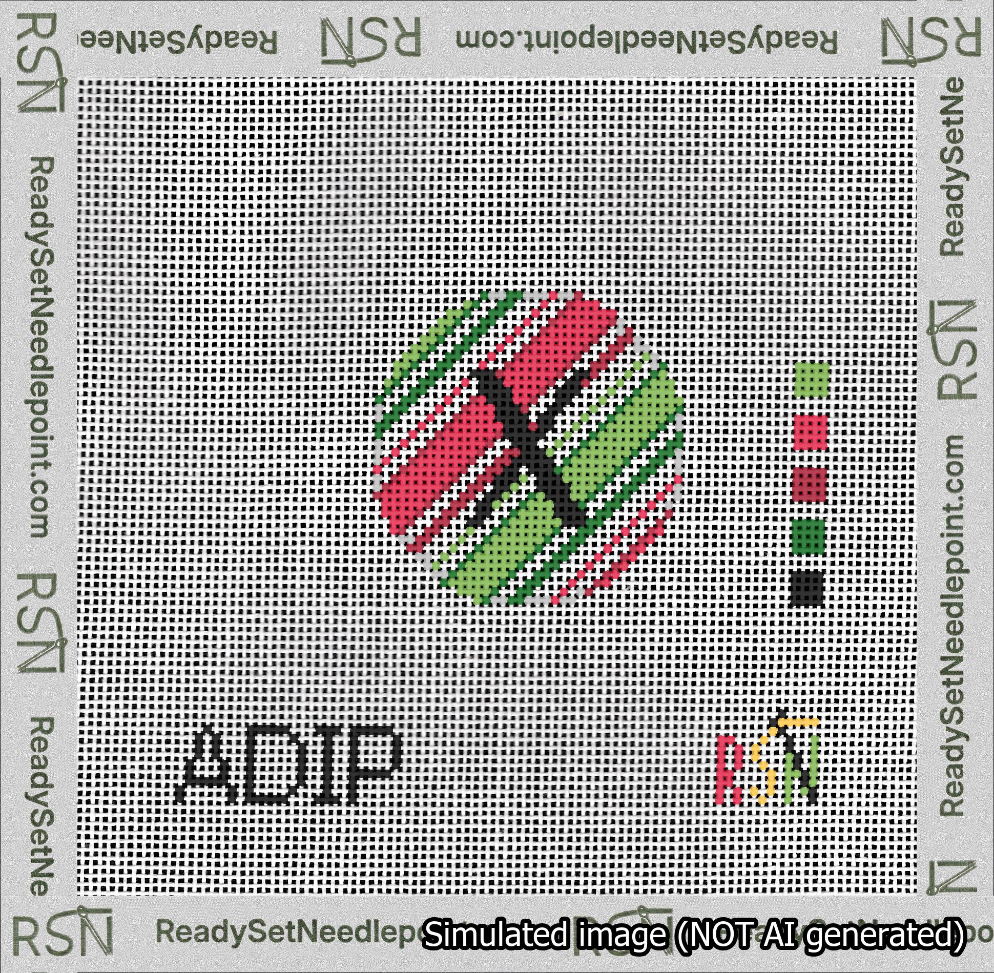A taped needlepoint canvas with the design: Holiday Circle Initial X Font Black Sans Serif Background Christmas Stripe.