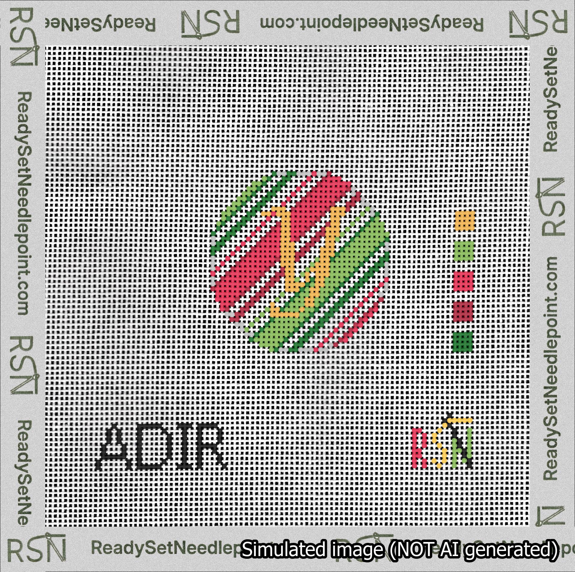 A taped needlepoint canvas with the design: Holiday Circle Initial Y Font Gold Script Background Christmas Stripe.