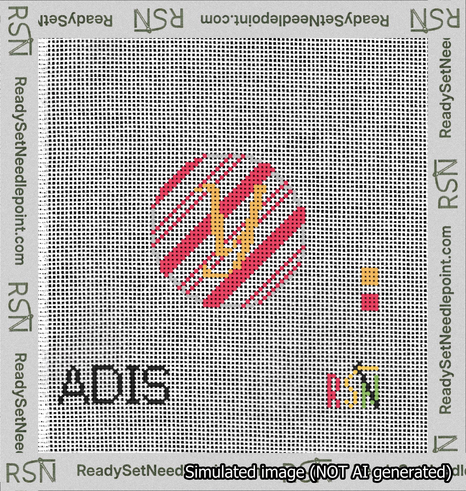 A taped needlepoint canvas with the design: Holiday Circle Initial Y Font Gold Script Background Candy Cane Stripe.
