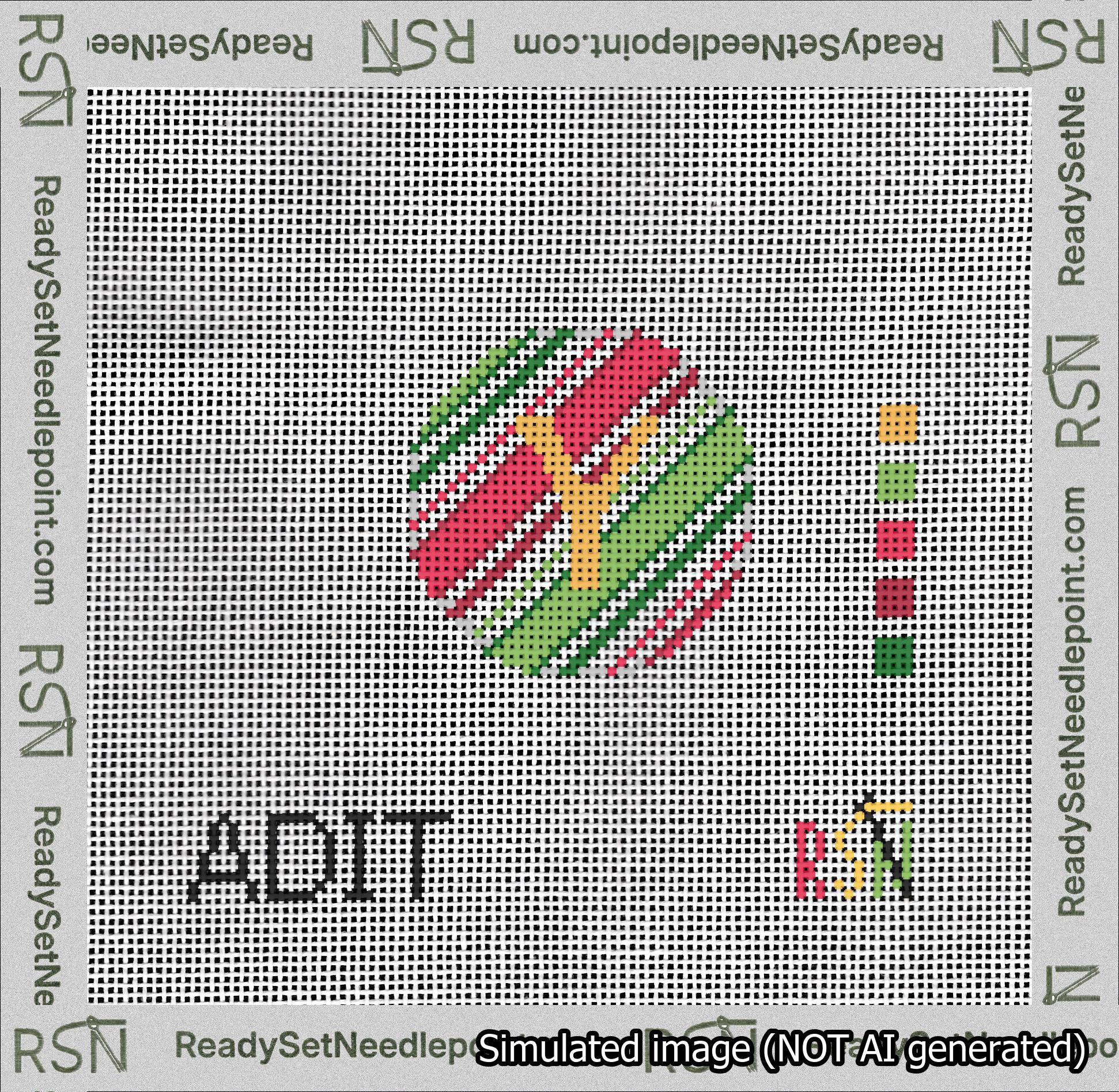 A taped needlepoint canvas with the design: Holiday Circle Initial Y Font Gold Sans Serif Background Christmas Stripe.