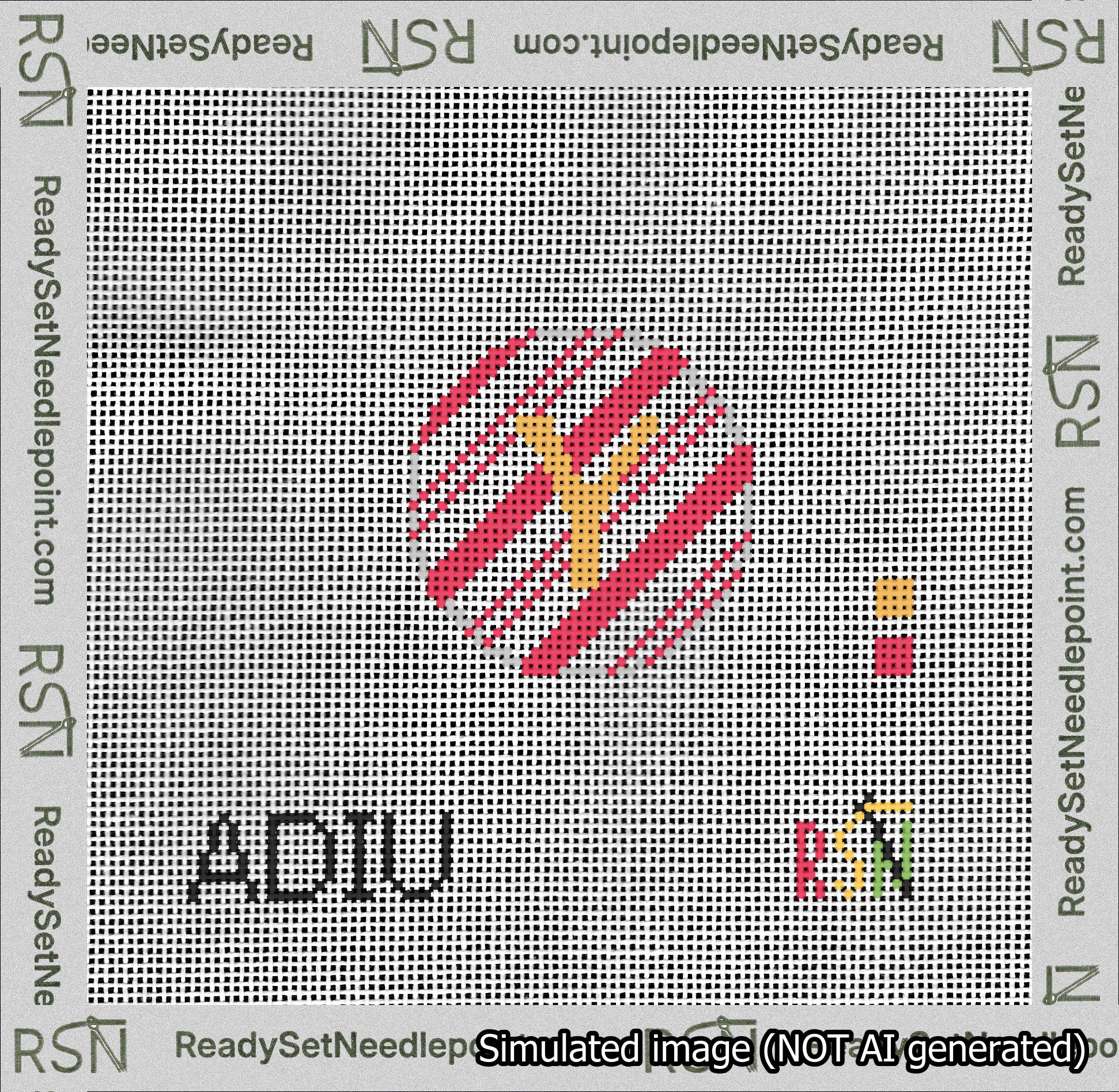 A taped needlepoint canvas with the design: Holiday Circle Initial Y Font Gold Sans Serif Background Candy Cane Stripe.