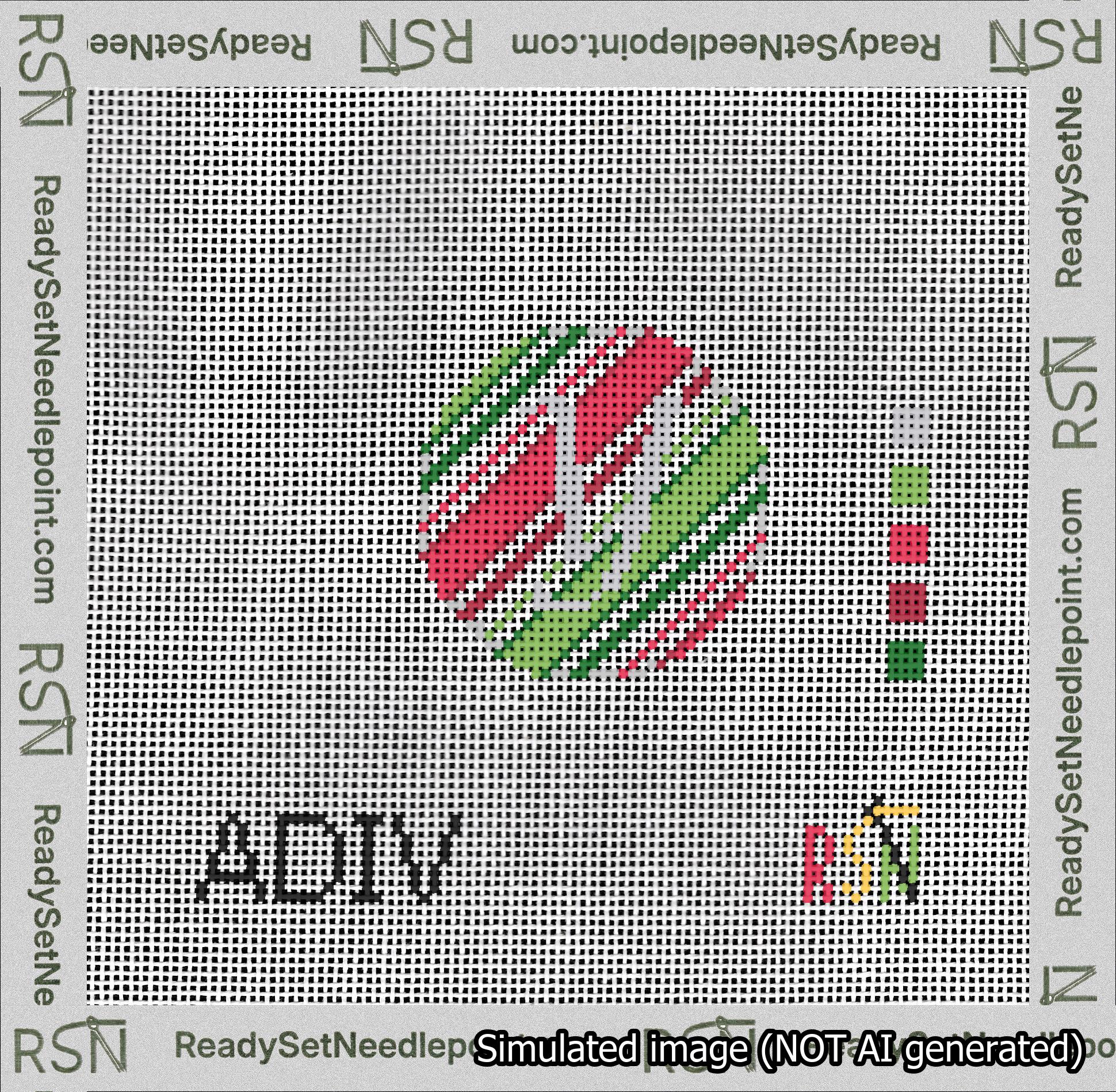 A taped needlepoint canvas with the design: Holiday Circle Initial Y Font Silver Script Background Christmas Stripe.