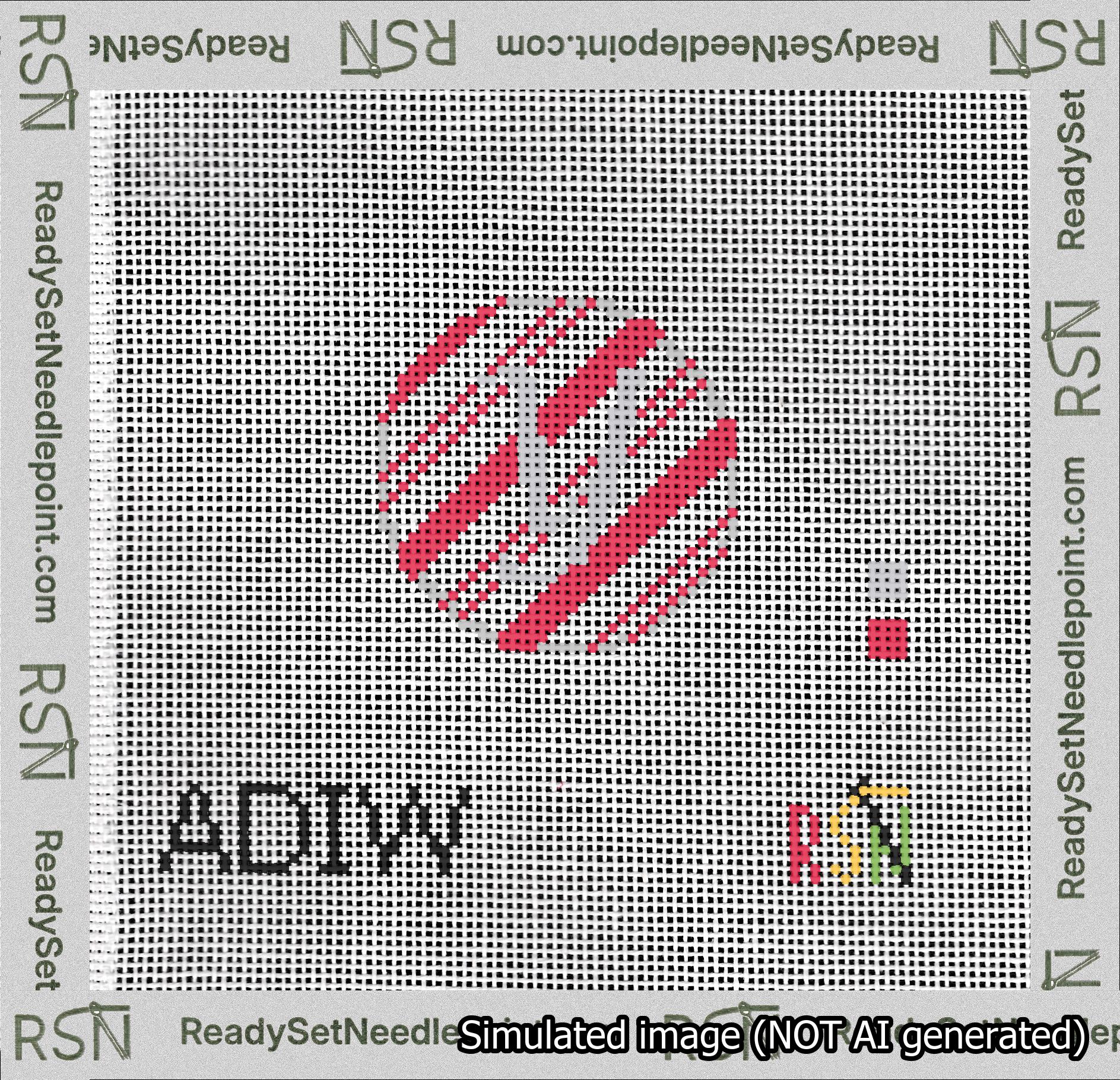 A taped needlepoint canvas with the design: Holiday Circle Initial Y Font Silver Script Background Candy Cane Stripe.