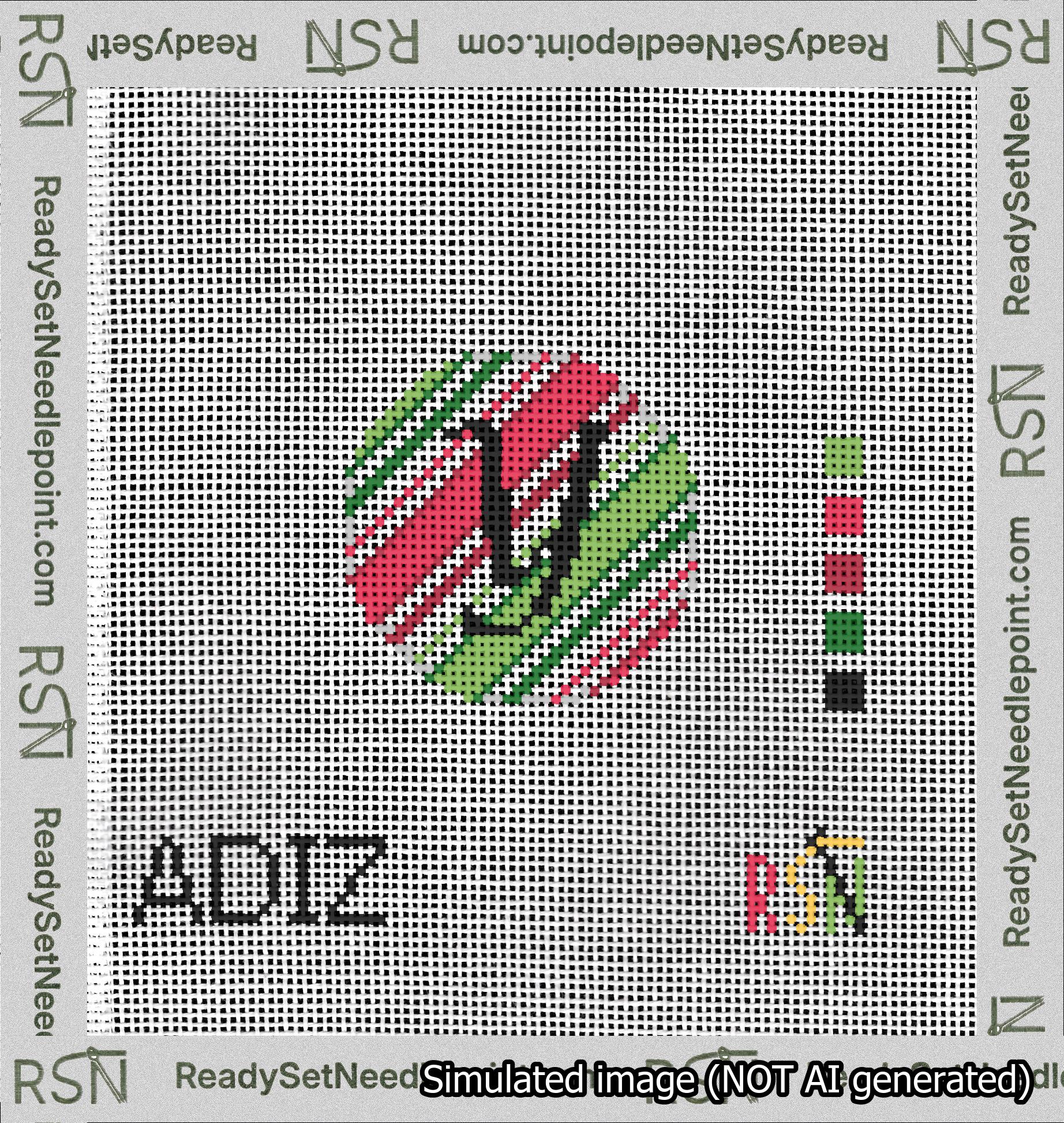 A taped needlepoint canvas with the design: Holiday Circle Initial Y Font Black Script Background Christmas Stripe.