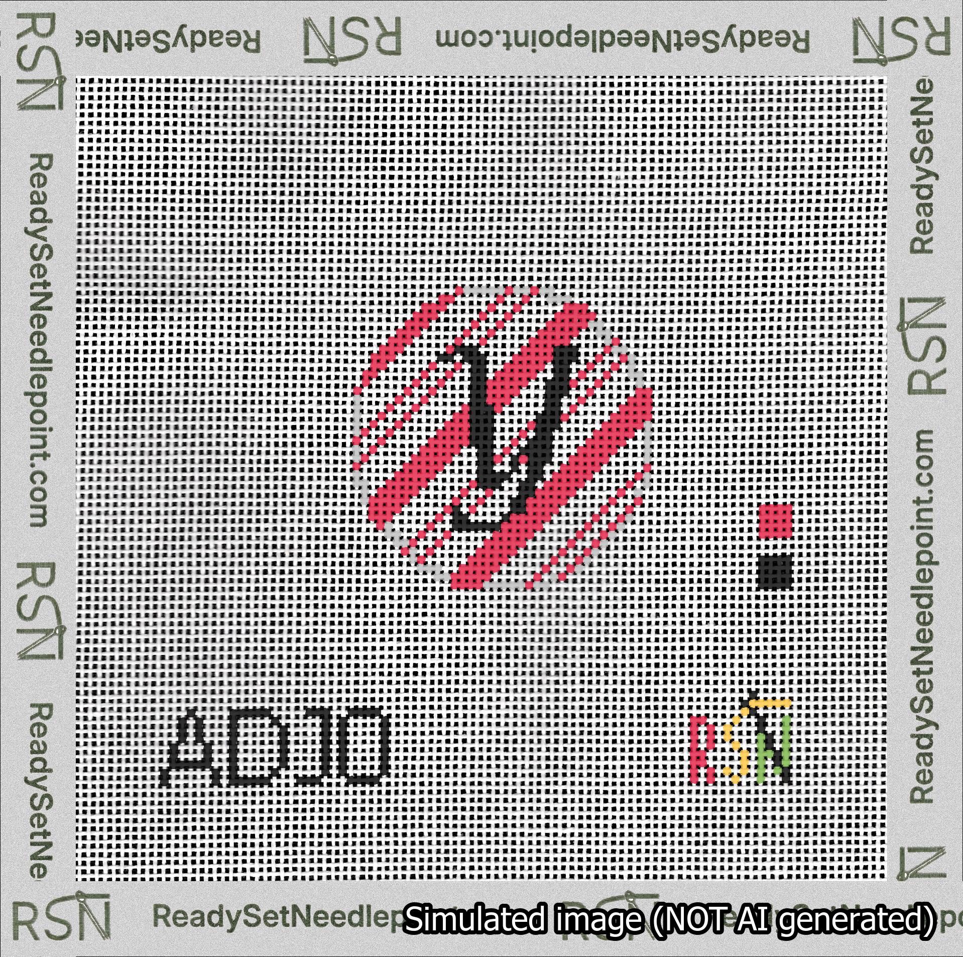 A taped needlepoint canvas with the design: Holiday Circle Initial Y Font Black Script Background Candy Cane Stripe.