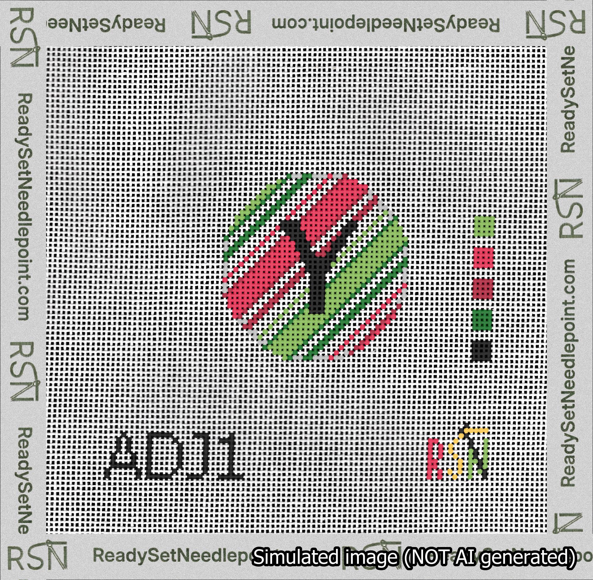 A taped needlepoint canvas with the design: Holiday Circle Initial Y Font Black Sans Serif Background Christmas Stripe.
