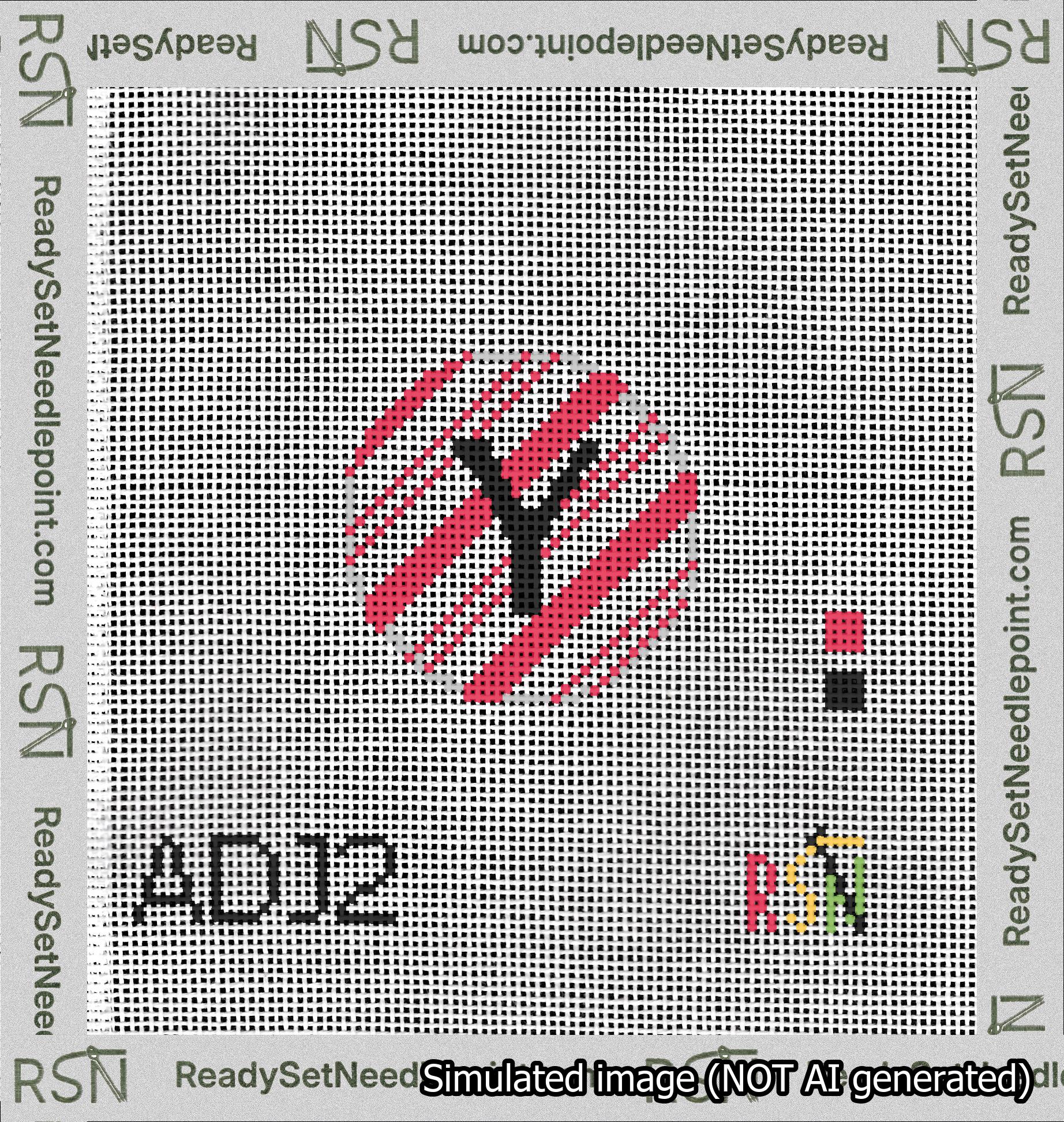 A taped needlepoint canvas with the design: Holiday Circle Initial Y Font Black Sans Serif Background Candy Cane Stripe.