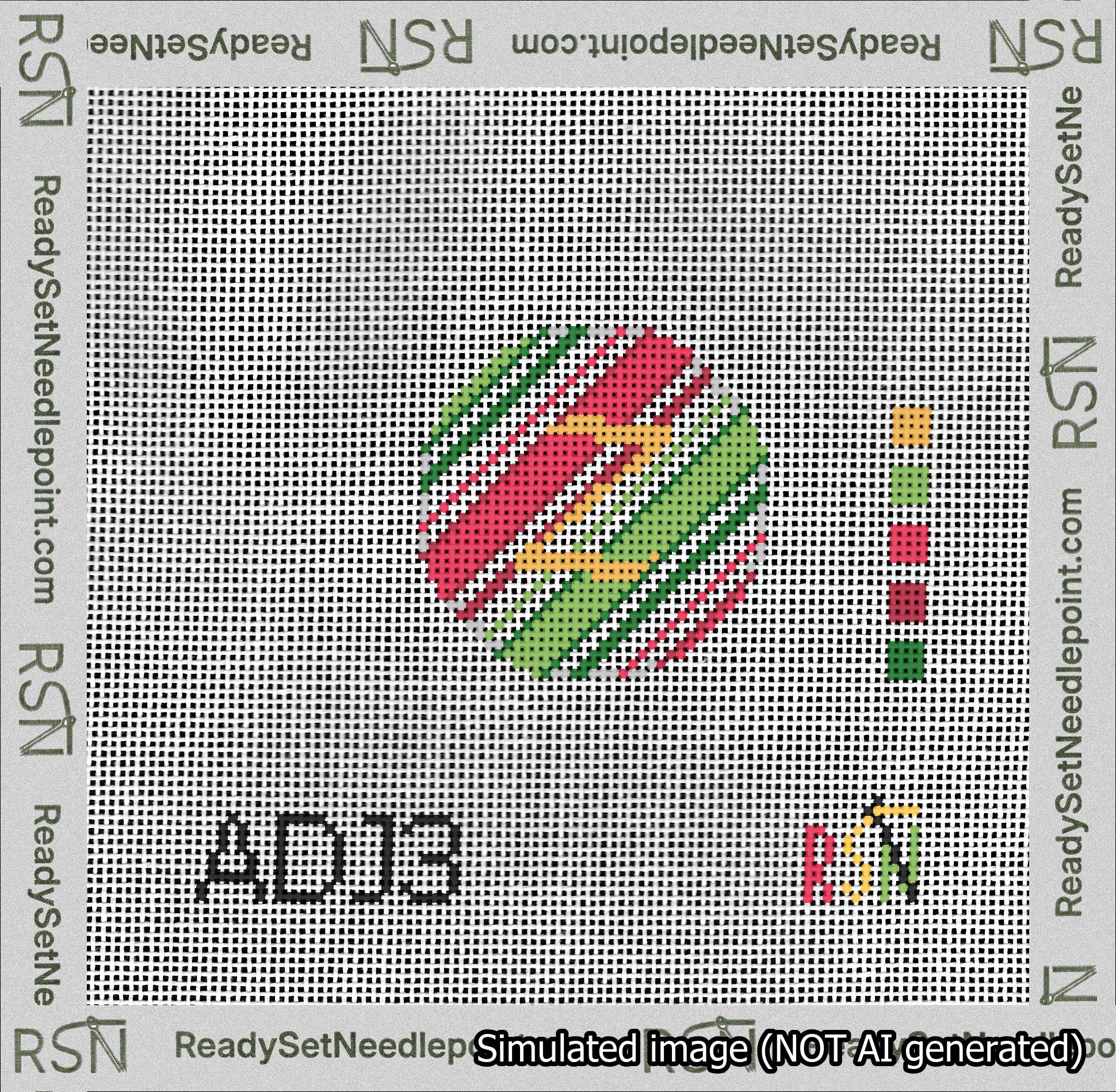 A taped needlepoint canvas with the design: Holiday Circle Initial Z Font Gold Script Background Christmas Stripe.