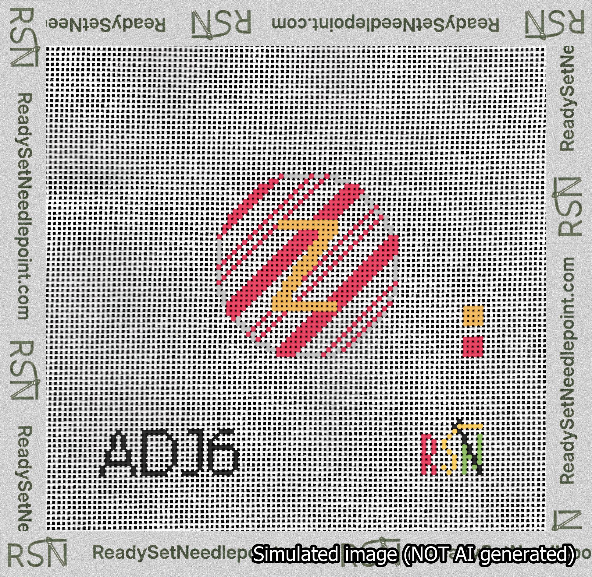 A taped needlepoint canvas with the design: Holiday Circle Initial Z Font Gold Sans Serif Background Candy Cane Stripe.