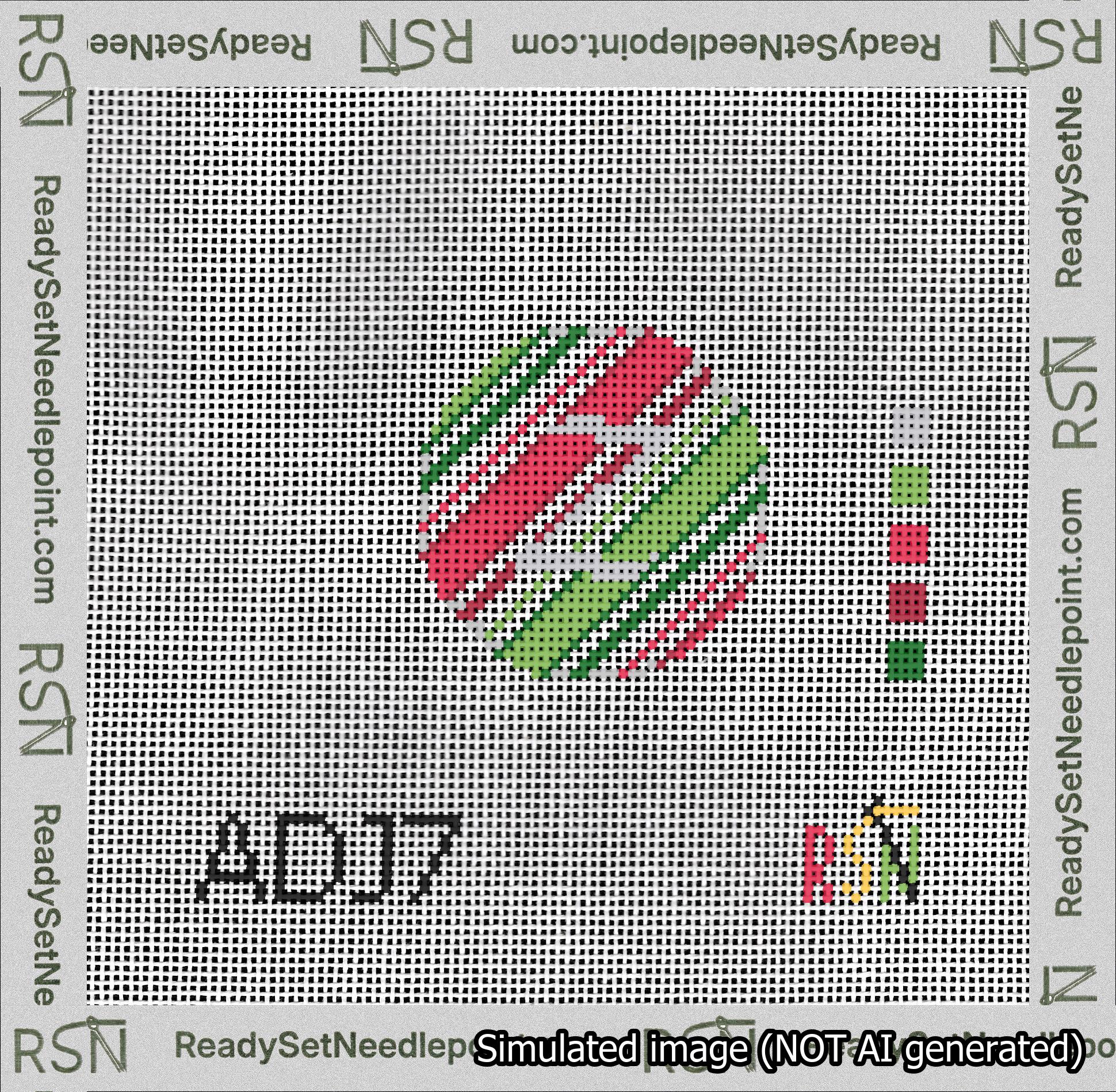 A taped needlepoint canvas with the design: Holiday Circle Initial Z Font Silver Script Background Christmas Stripe.
