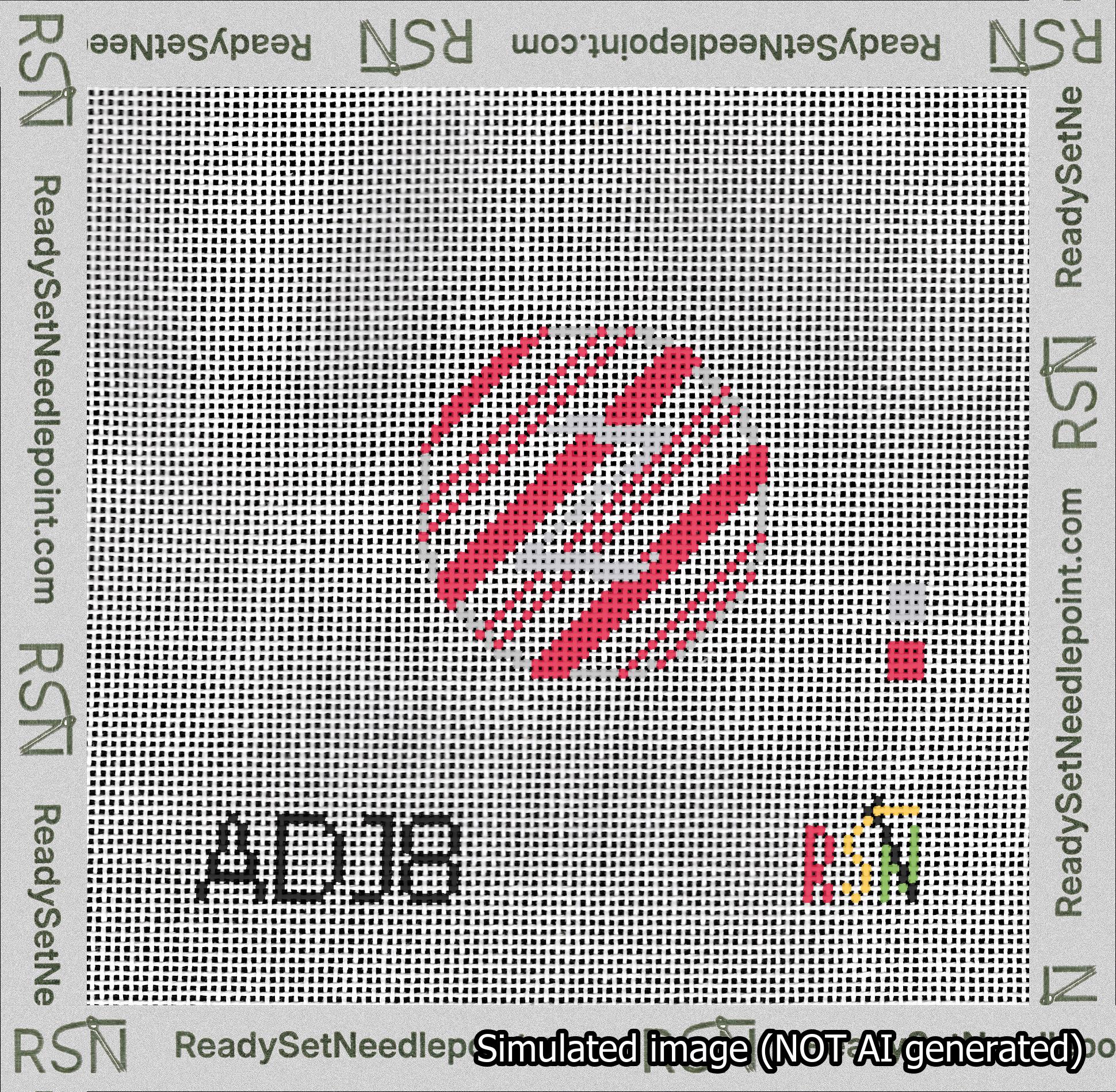 A taped needlepoint canvas with the design: Holiday Circle Initial Z Font Silver Script Background Candy Cane Stripe.