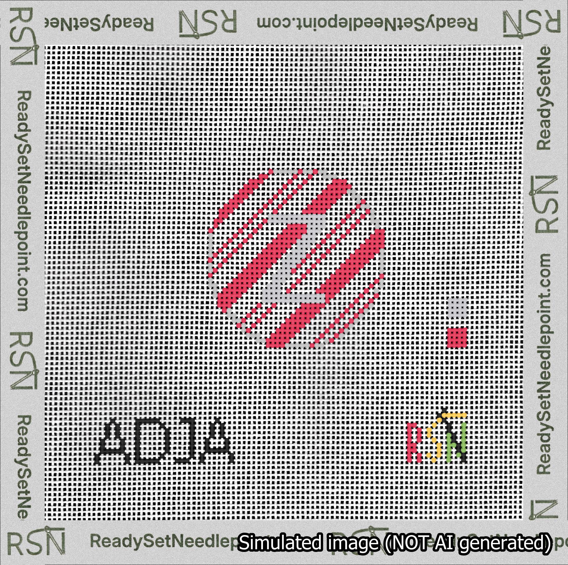 A taped needlepoint canvas with the design: Holiday Circle Initial Z Font Silver Sans Serif Background Candy Cane Stripe.
