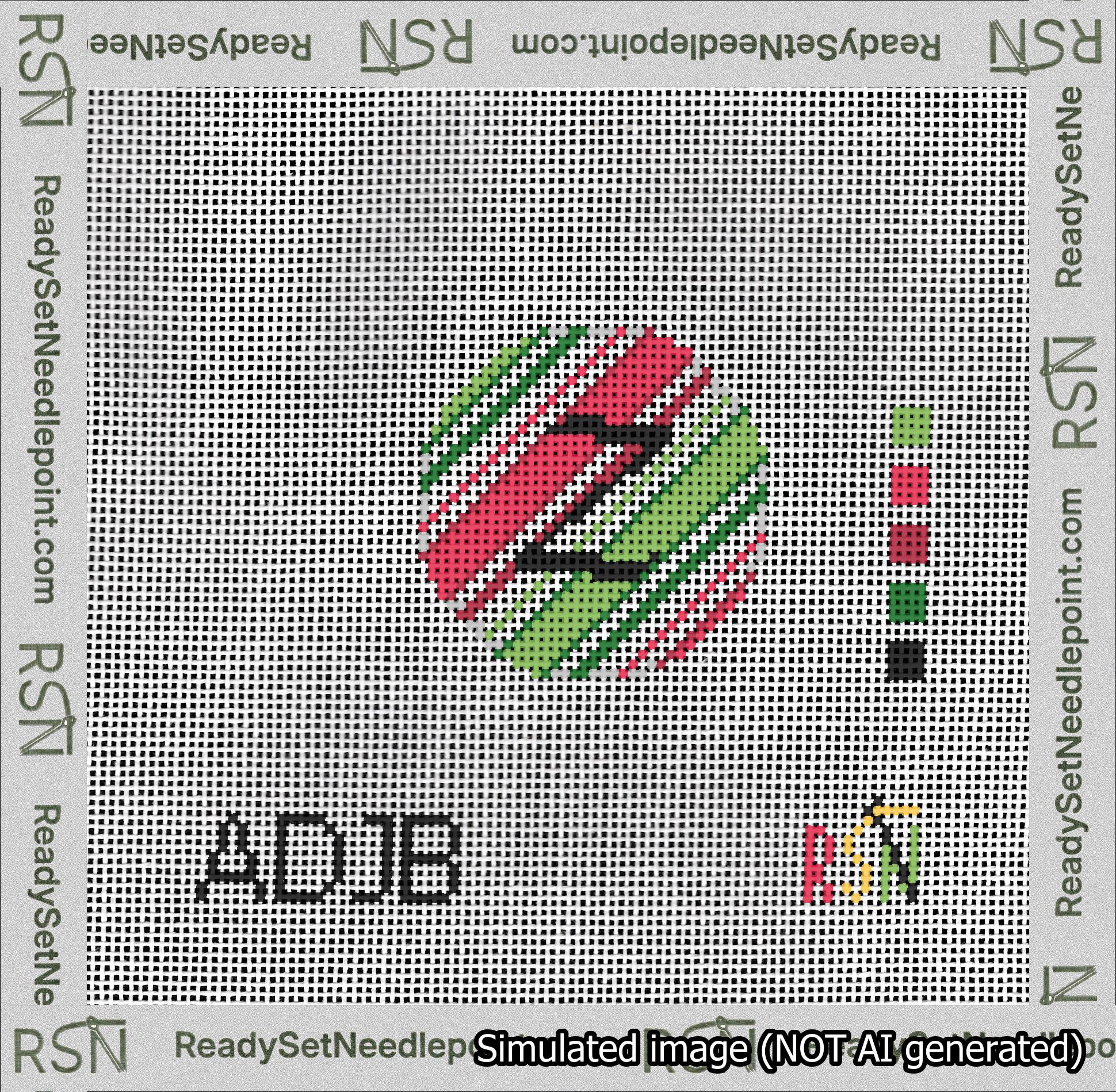 A taped needlepoint canvas with the design: Holiday Circle Initial Z Font Black Script Background Christmas Stripe.