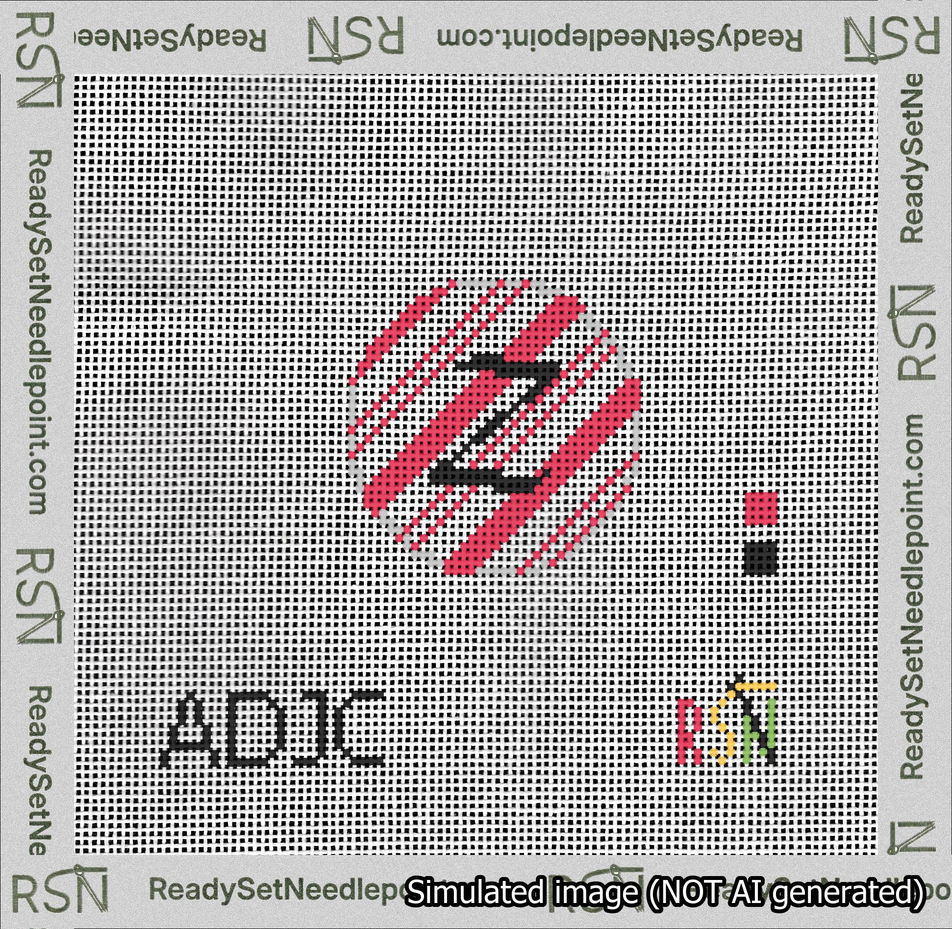 A taped needlepoint canvas with the design: Holiday Circle Initial Z Font Black Script Background Candy Cane Stripe.