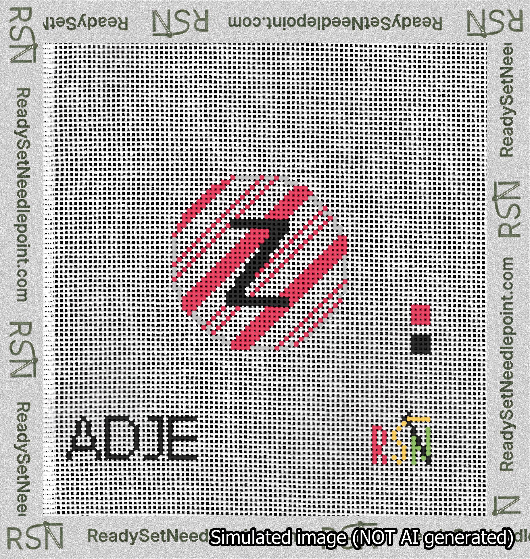 A taped needlepoint canvas with the design: Holiday Circle Initial Z Font Black Sans Serif Background Candy Cane Stripe.