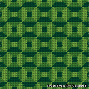 A simulated image of the stitched needlepoint design: Abstract Squares Green. Not A.I. generated.