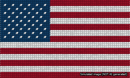 A simulated image of the stitched needlepoint design: American Flag Small. Not A.I. generated.