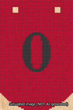 A simulated image of the stitched needlepoint design: Banner 13m Curved 0 Black on Red. Not A.I. generated.