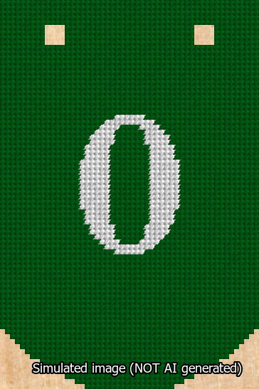 A simulated image of the stitched needlepoint design: Banner 13m Curved 0 White on Green. Not A.I. generated.