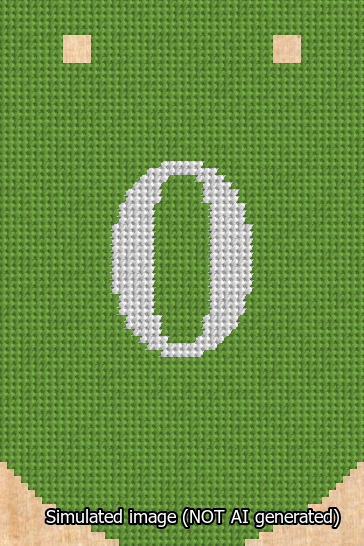 A simulated image of the stitched needlepoint design: Banner 13m Curved 0 White on Light Green. Not A.I. generated.