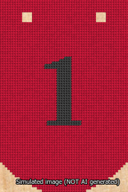 A simulated image of the stitched needlepoint design: Banner 13m Curved 1 Black on Red. Not A.I. generated.