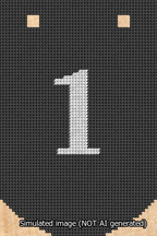 A simulated image of the stitched needlepoint design: Banner 13m Curved 1 White on Black. Not A.I. generated.