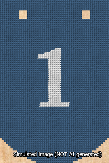 A simulated image of the stitched needlepoint design: Banner 13m Curved 1 White on Blue. Not A.I. generated.